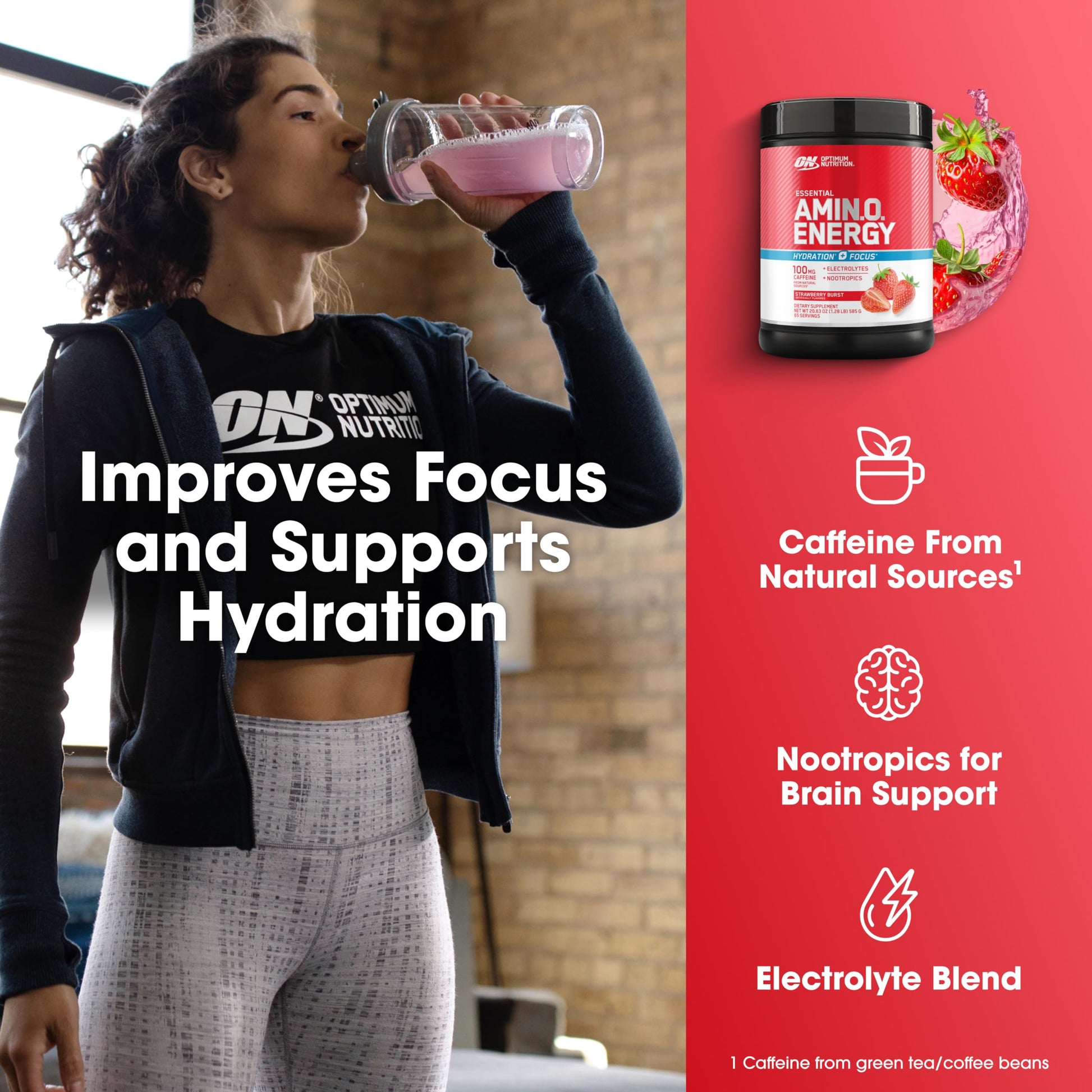 Optimum Nutrition Amino Energy Powder Plus Focus, with BCAA, Electrolytes, and Caffeine, Strawberry Burst, 65 Servings Optimum NutritionAu supplements