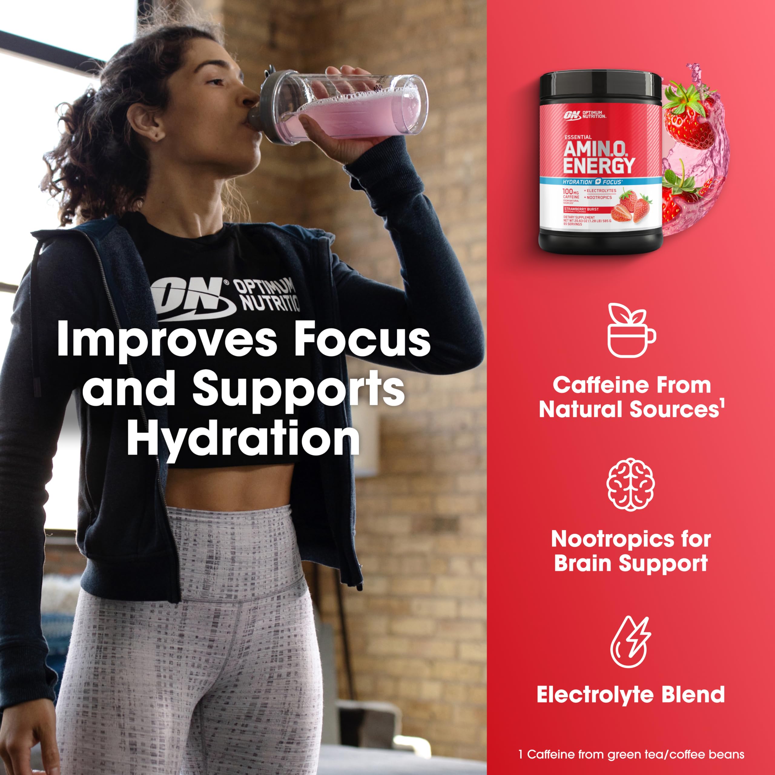 Optimum Nutrition Amino Energy Powder Plus Focus, with BCAA, Electrolytes, and Caffeine, Strawberry Burst, 65 Servings Optimum NutritionAu supplements