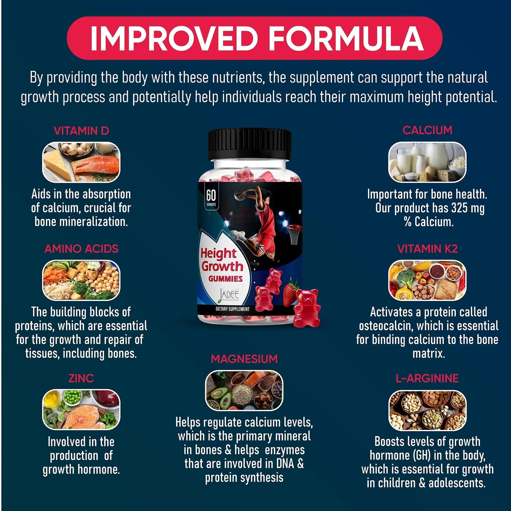 Jadee Height Growth Gummies for Teens & Kids Calcium 325mg, Teen Vitamins D3,K2,C, Magnesium, Ashwagandha, Zinc, L-Arginine JadeeAu supplements