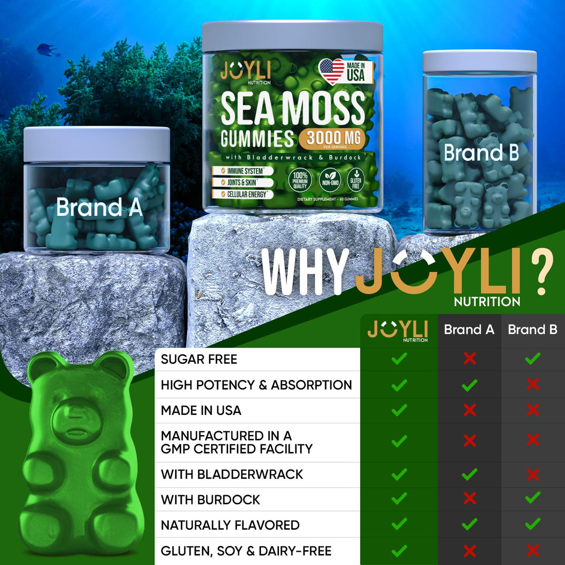 Sea Moss Gummies - Irish Seamoss Gummies for Adults & Kids - Advanced Superfood Supplement with Natural Sea Moss Gel, Bladderwrack & Burdock Root Extract - 60 Vegan Irish Moss Gummy Bears JOYLI NutritionUS supplements