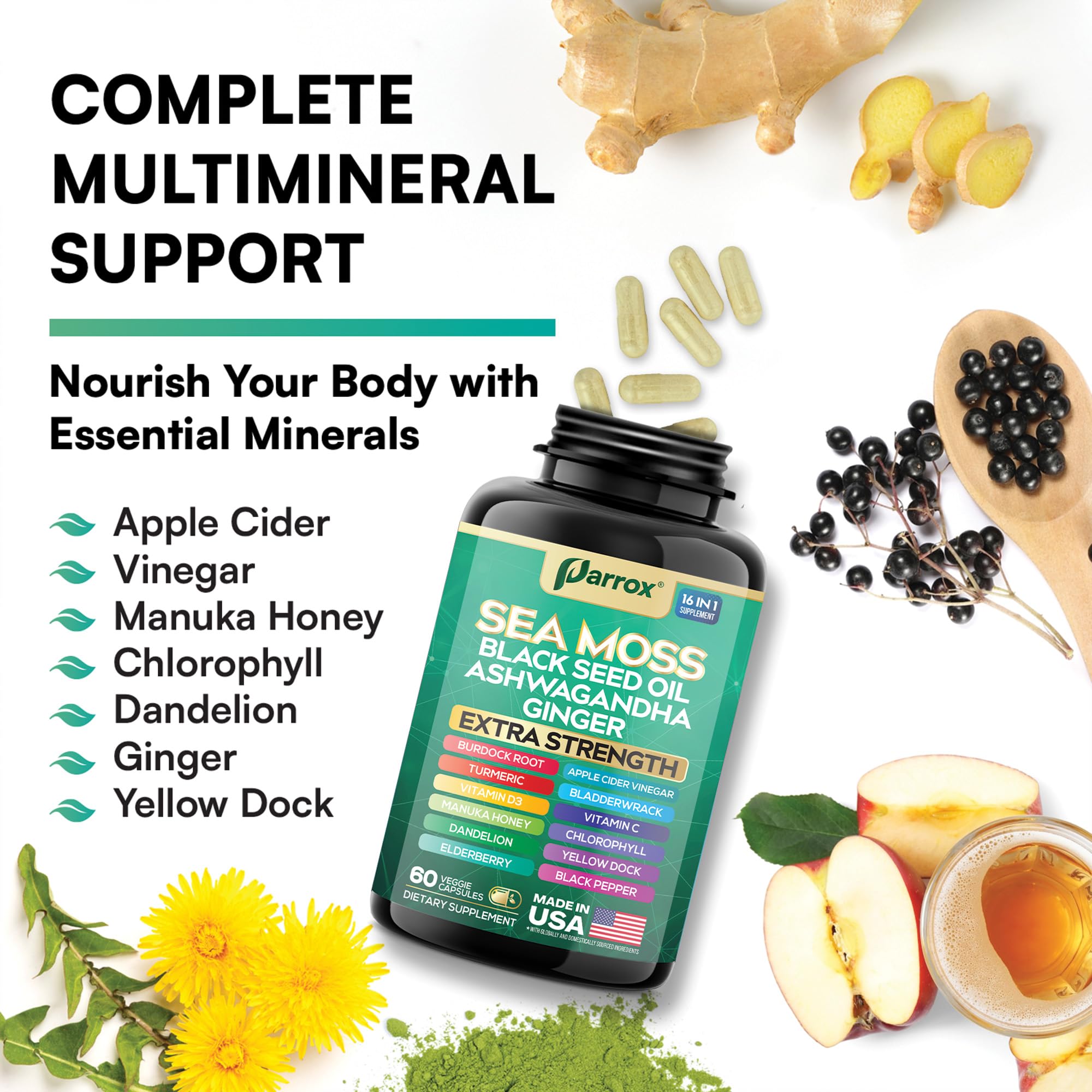 Parrox Sea Moss, Black Seed Oil, Ashwagandha, Turmeric, Chlorophyll, Dandelion, Ginger, Vitamin D3, Black Pepper, Elderberry, ACV, Yellow Dock, Burdock Root, Manuka, Vitamin C, Bladderwrack (60 Caps) ParroxAu supplements