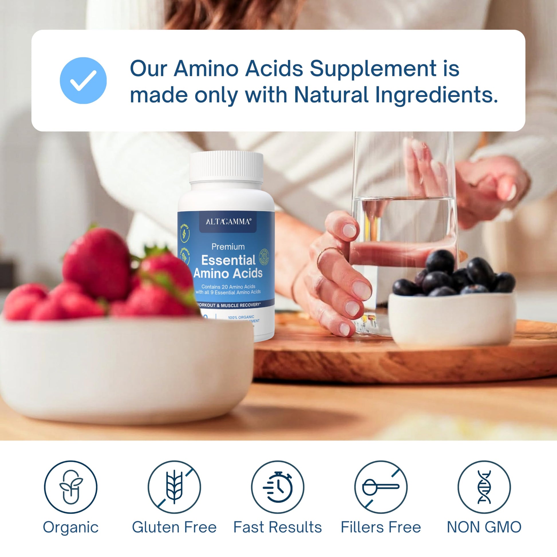 ALTAGAMMA Pure Amino Acids Complex - Protein for Pre/Post Workout, Energy & Muscle Recovery - 9 Essential Amino Acids Supplement (EAA) & BCAAs - Leucine, Lysine, L Tyrosine, L Arginine, 60 Capsules ALTAGAMMAAu supplements