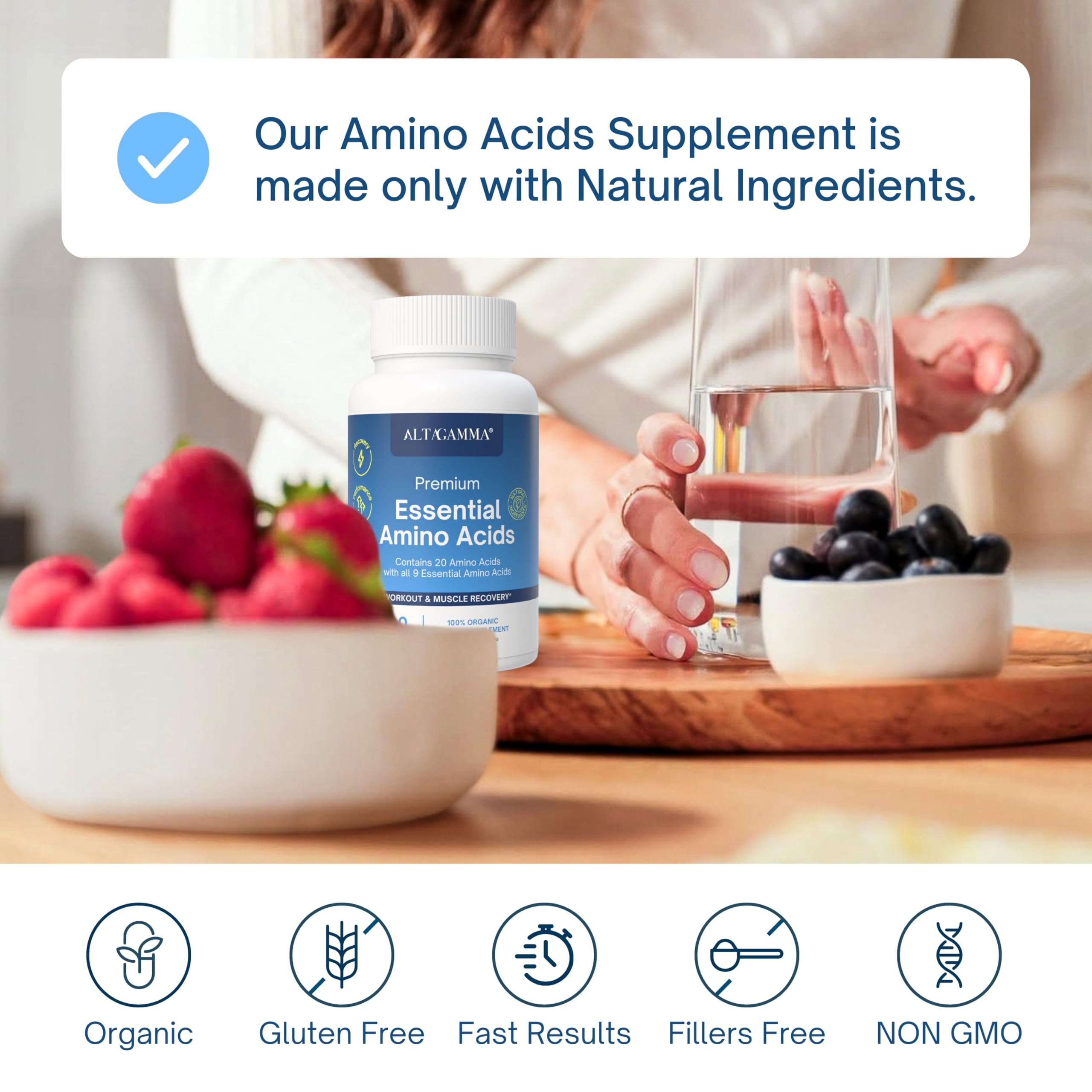 ALTAGAMMA Pure Amino Acids Complex - Protein for Pre/Post Workout, Energy & Muscle Recovery - 9 Essential Amino Acids Supplement (EAA) & BCAAs - Leucine, Lysine, L Tyrosine, L Arginine, 60 Capsules ALTAGAMMAAu supplements