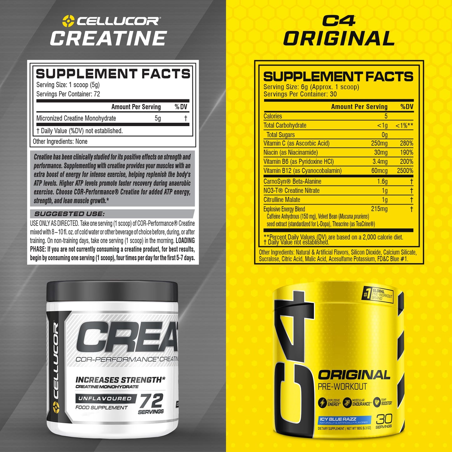Cellucor Pre Workout & Creatine Bundle, C4 Original Pre Workout Powder, Icy Blue Razz CellucorUS supplements
