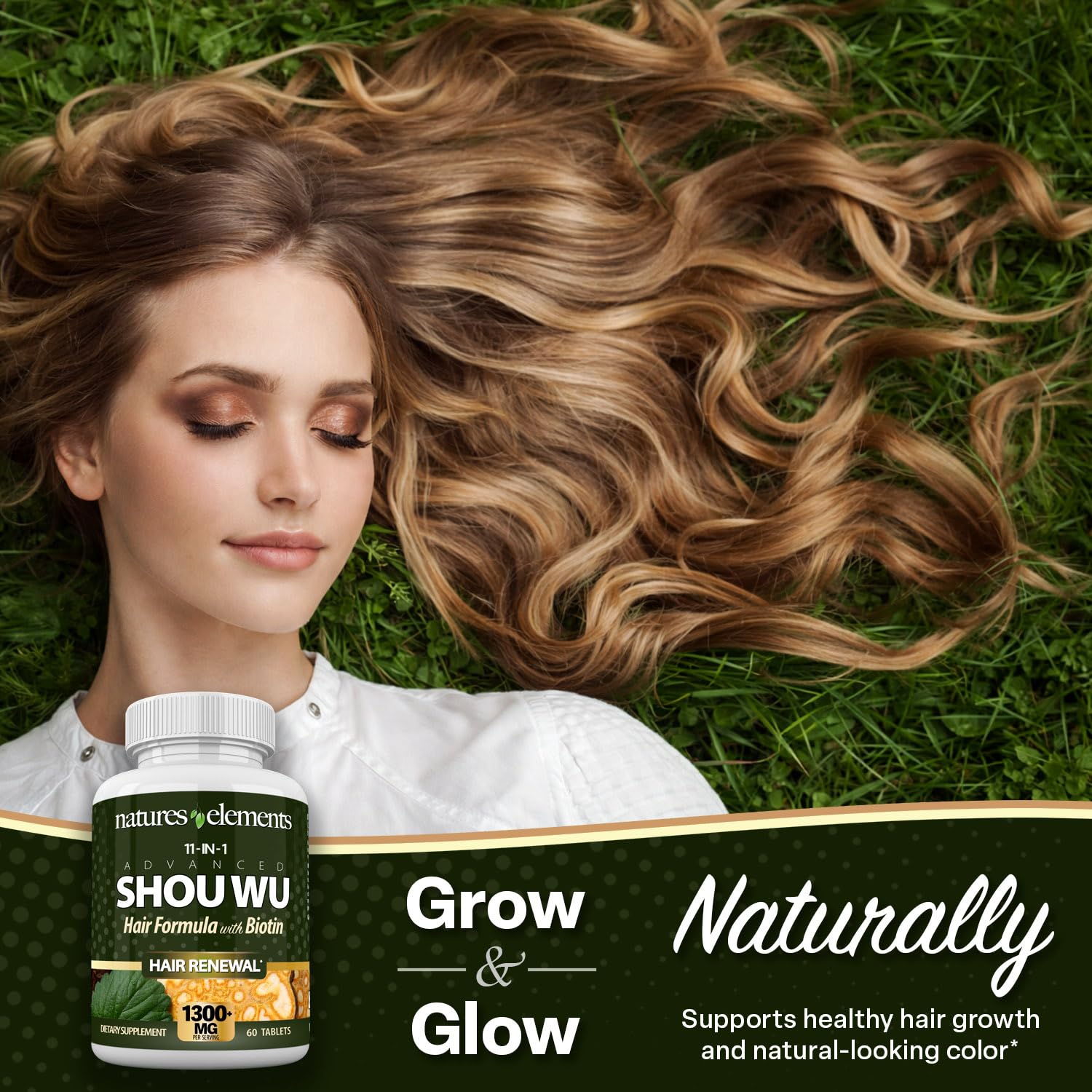 Natures Elements Advanced Shou Wu for Gray Hair – Prepared He Shou Wu for Hair Growth with Biotin, Bioperine, Fo-Ti Root & More – 100% Natural – 60 Tablets – Non-GMO, Gluten-Free Natures ElementsAu supplements