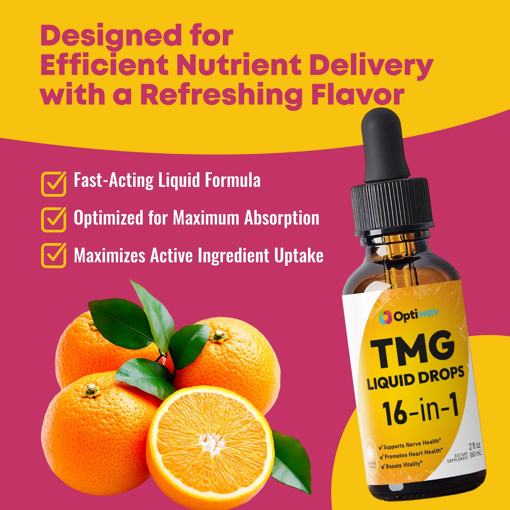 Optiwav TMG Trimethylglycine Liquid Drops - Betaine High Absorption Methylated Vitamins Supplement for Homocysteine Methylation & Heart Health Support - Orange Flavor Gluten Free Vegan - 2 fl oz OptiwavAu supplements