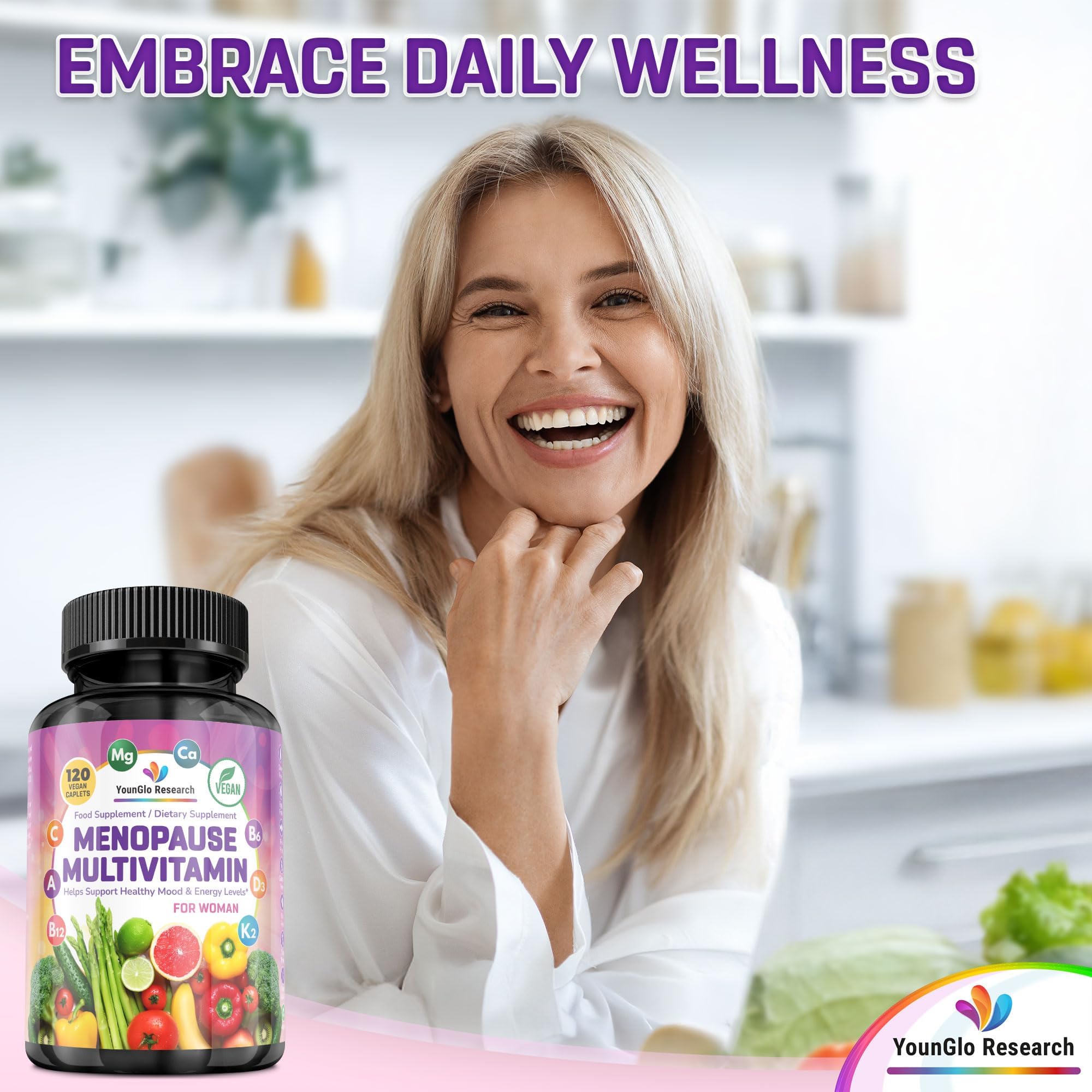YounGlo Research Menopause Supplement - 120 Vegan Caplets - Menopause & Perimenopause Relief Support - Food and Dietary Vitamins - Multivitamin for Women YounGlo ResearchAu supplements