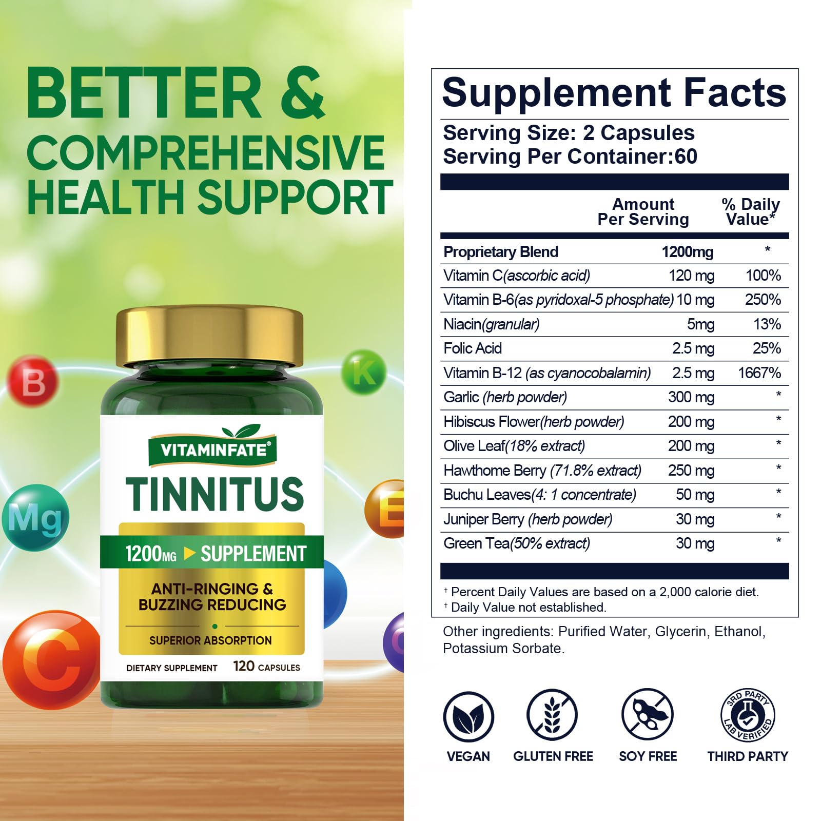 Tinnitus Relief for Ringing Ears 1200mg - 120 Capsules Advanced Ear Health Support Supplement | Supports Ear Health and Reduces Tinnitus Symptoms - Non-GMO & Vegan VITAMINFATEAu supplements