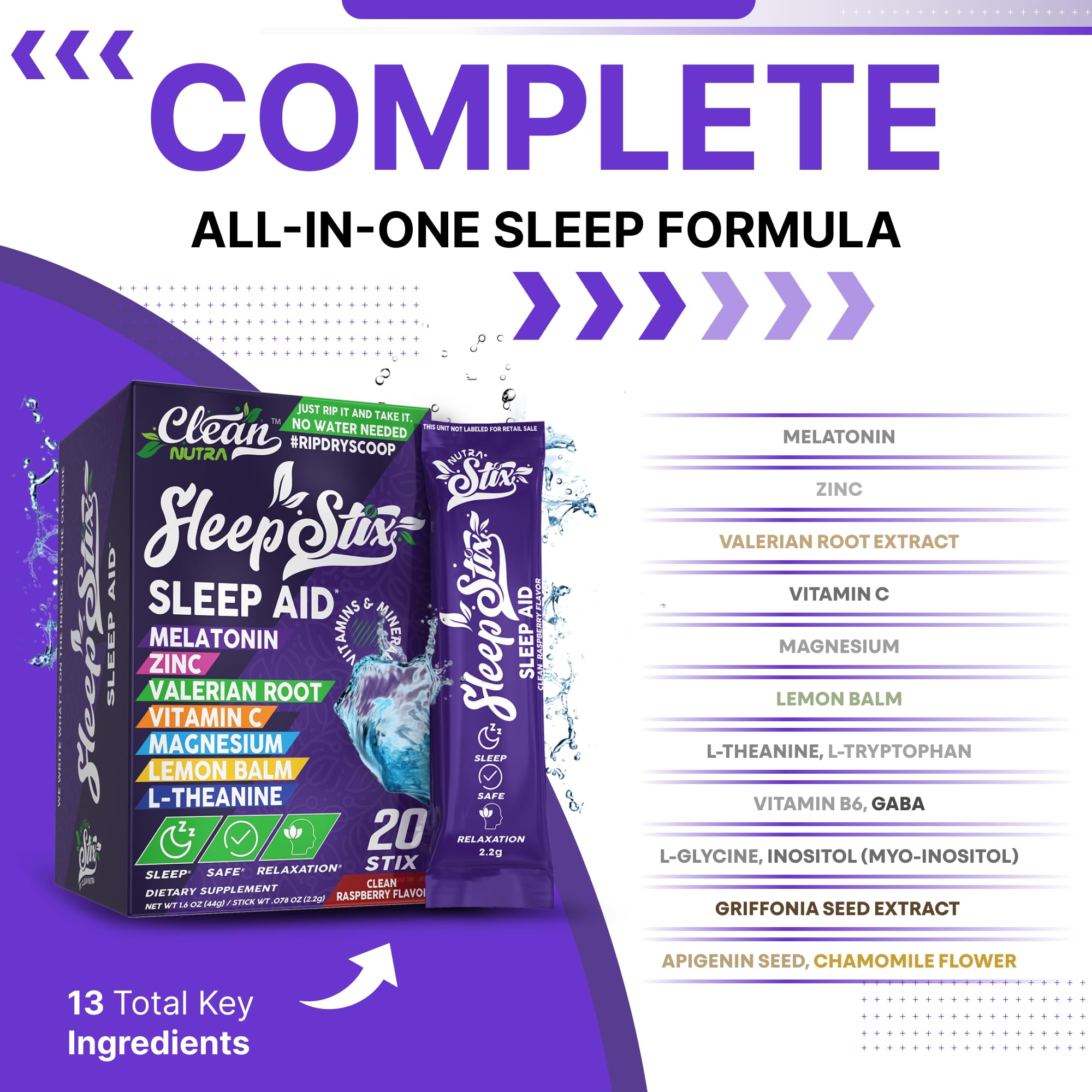 Sleep Aid Melatonin Powder Tryptophan Glycine Valerian Root Magnesium For Sleep Lemon Balm L Theanine Magnesium Glycinate Zinc Sleep Aid Myo Inositol GABACalm B6 5 HTP Stress Relief 20 Stix Clean NutraceuticalsAu supplements