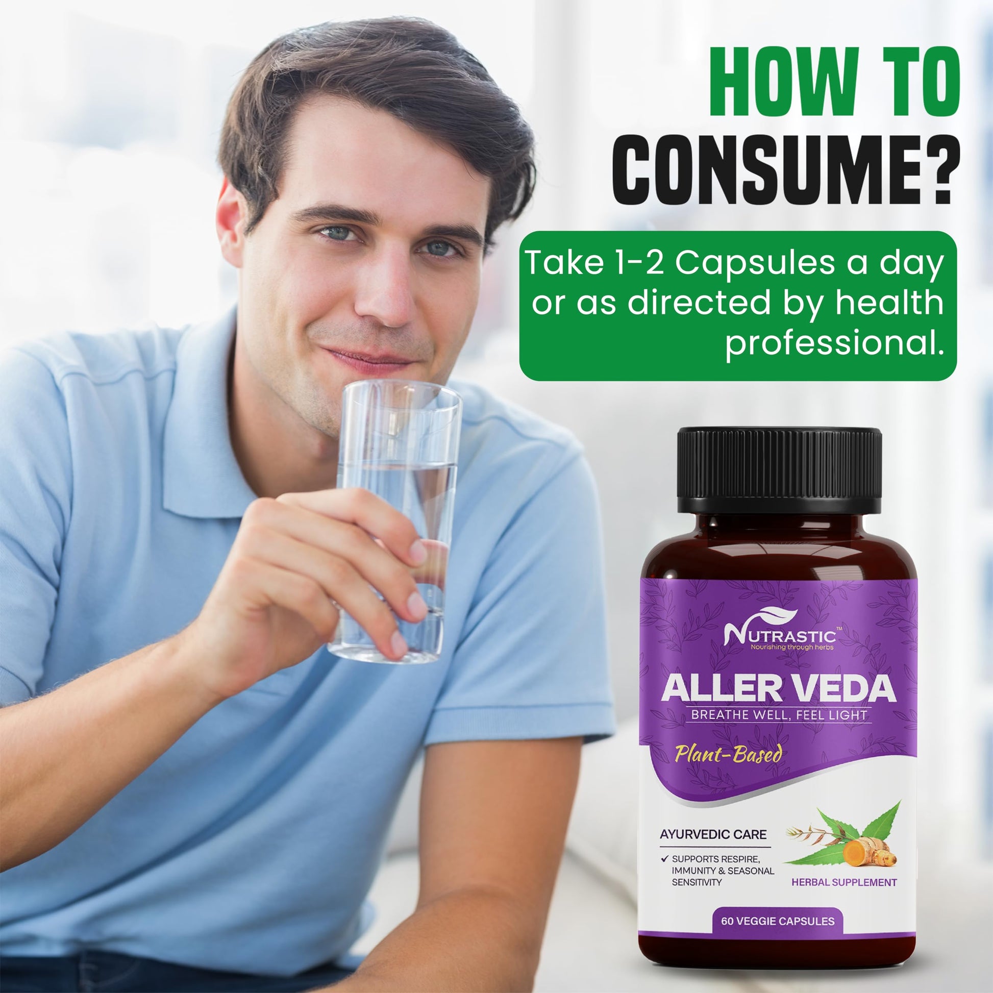 Nutrastic Aller Veda Respiratory Wellness Supplement with Pure Tulsi, Amla, Turmeric, and Neem | Natural Support for Healthy Breathing | 60 Caps NutrasticAu supplements