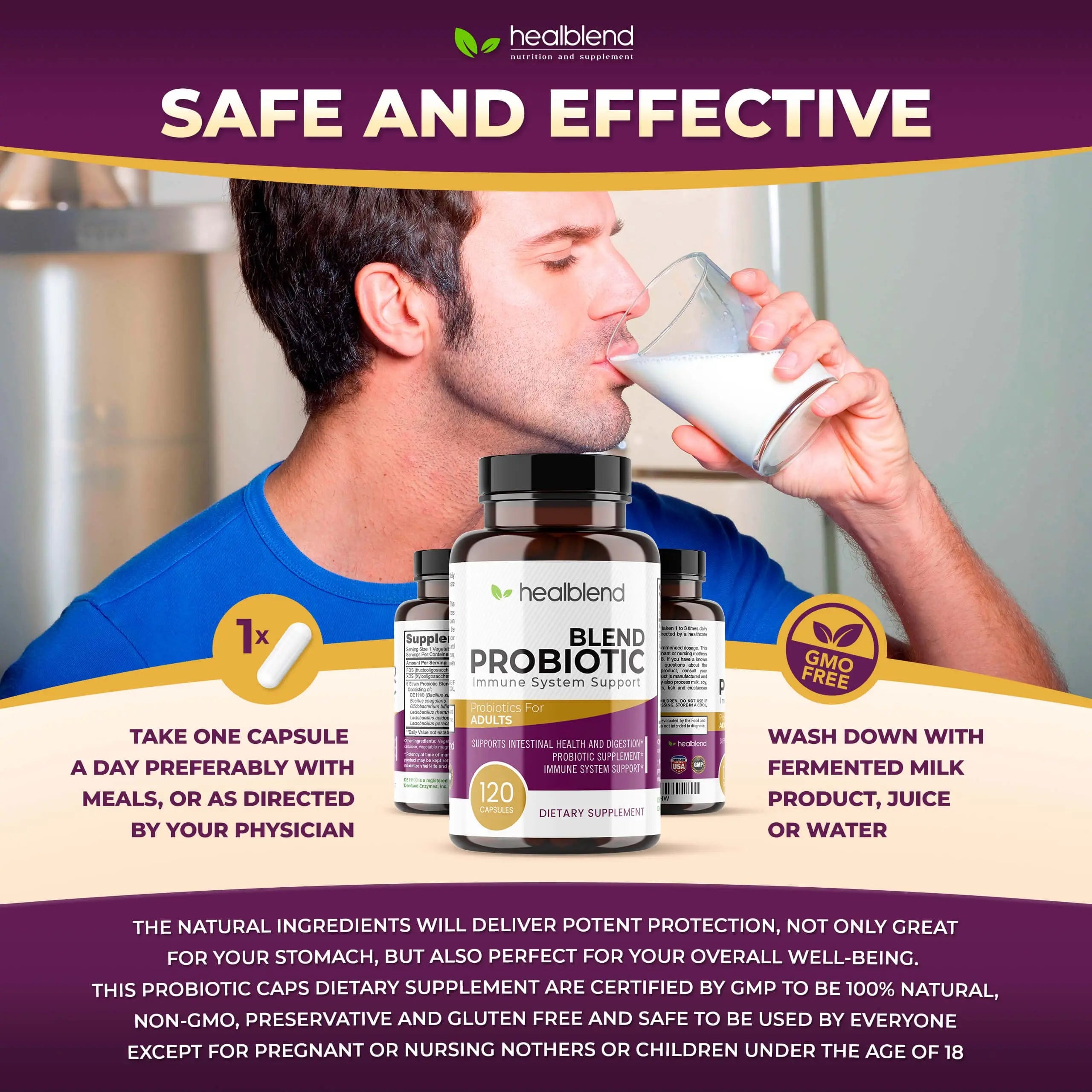 healblend Probiotic Caps Dietary Supplement Capsules, Probiotic for Women and for Men Digestive Health, Immune System Support, Non-GMO, Gluten-Free, 120 Veg Caps healblendnz supplements