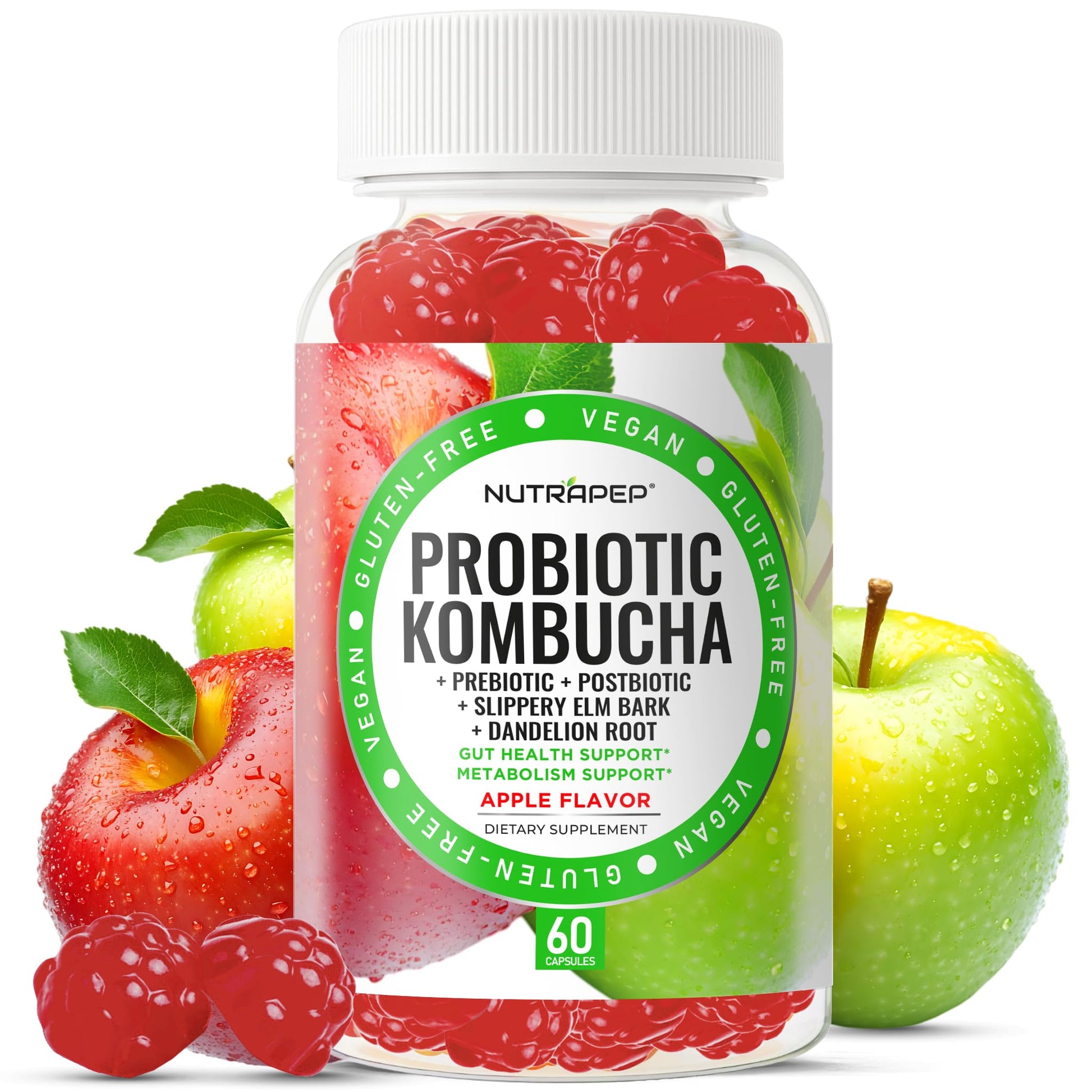 NutraPep Probiotic Kombucha Gummies - Women Men Probiotic Prebiotic Probiotic Blend for Gut Health Bloating Metabolism Support with Slippery Elm Bark Dandelion Root - Vegan Gluten Free Apple Flavor NutraPepAu supplements