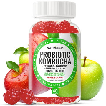 NutraPep Probiotic Kombucha Gummies - Women Men Probiotic Prebiotic Probiotic Blend for Gut Health Bloating Metabolism Support with Slippery Elm Bark Dandelion Root - Vegan Gluten Free Apple Flavor NutraPepAu supplements
