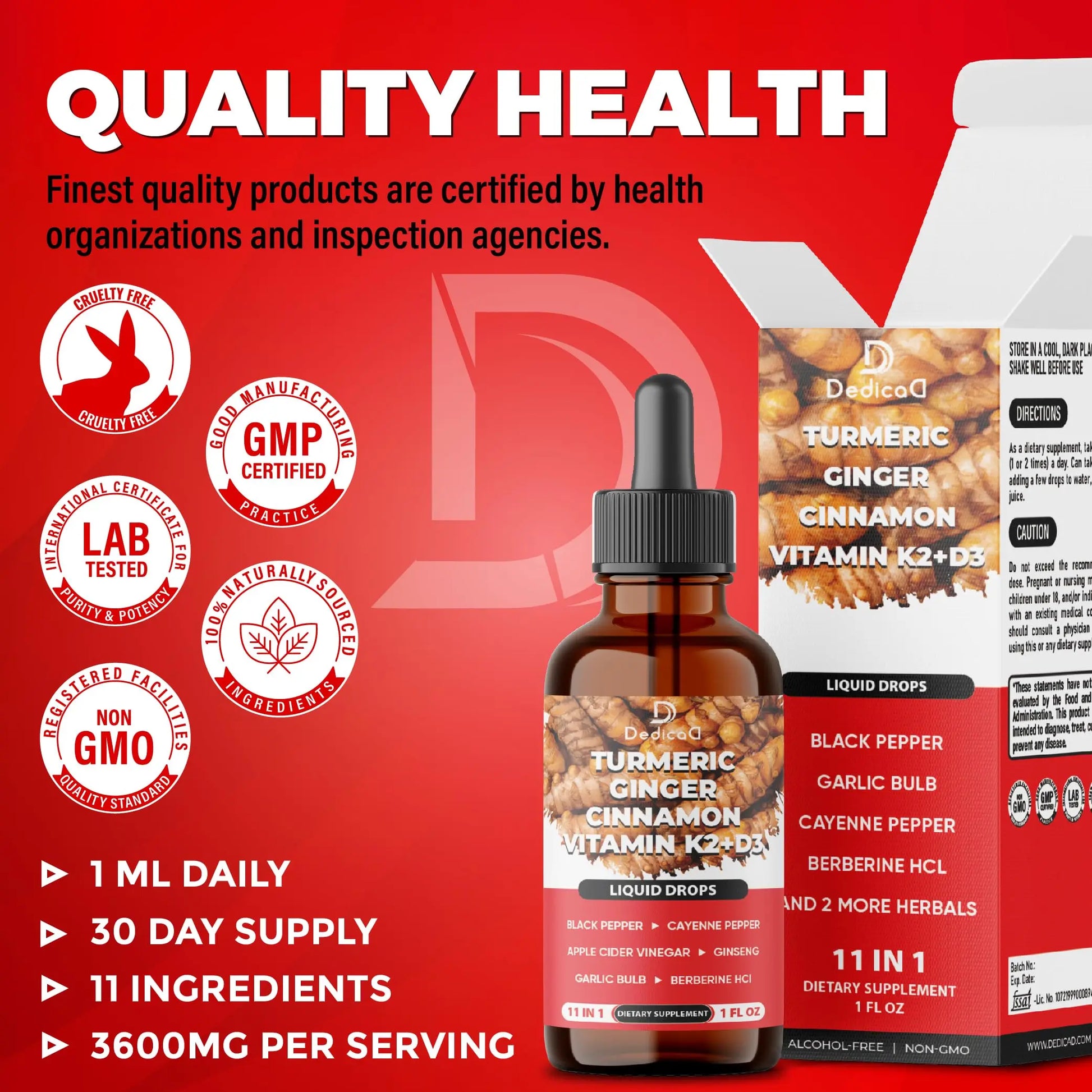 11in1 Liquid Turmeric Supplement – with Ginger, Garlic, Ceylon Cinnamon, Berberine, Ginseng, Apple Cider Vinegar – 1 Fl Oz – 30 Servings DEDICADnz supplements