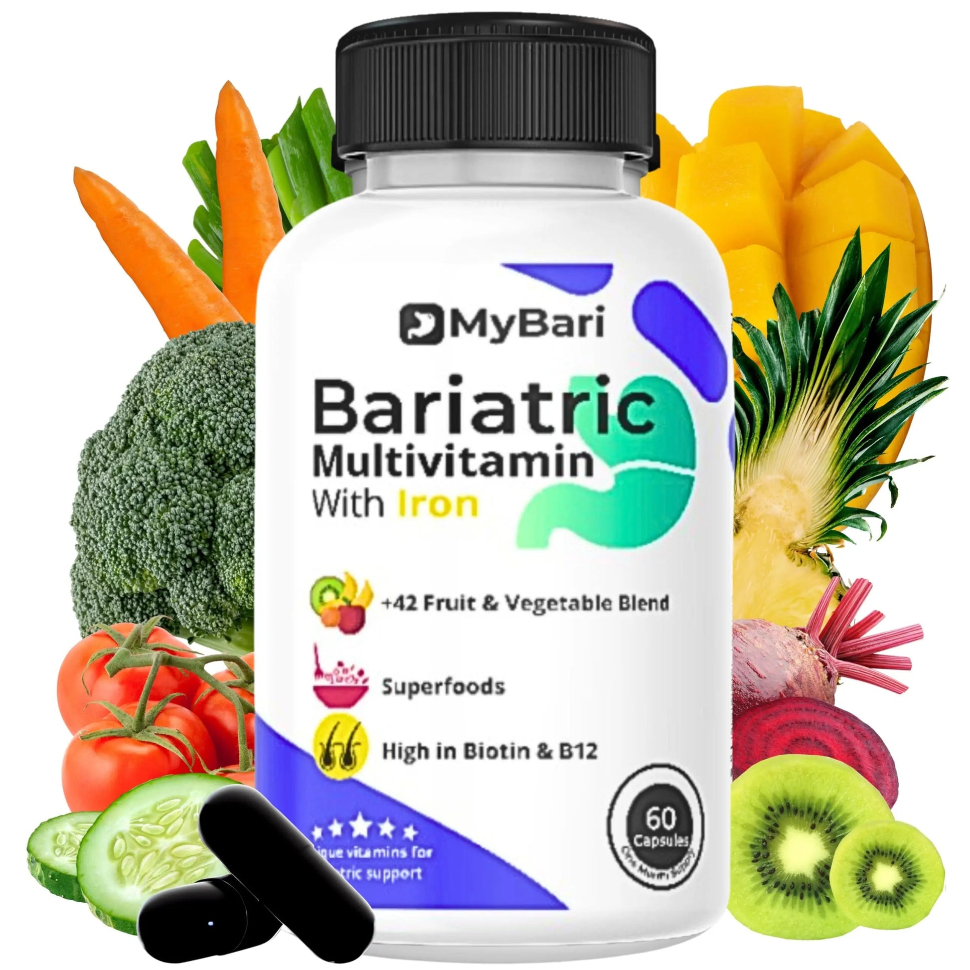 MyBari All-in-One Bariatric Multivitamin with Iron - Made in USA - for Men & Women - Supports Gastric Sleeve & Bypass with 42+ Fruit & Veggie Blend - 60 Liquid Capsules MyBariAu supplements