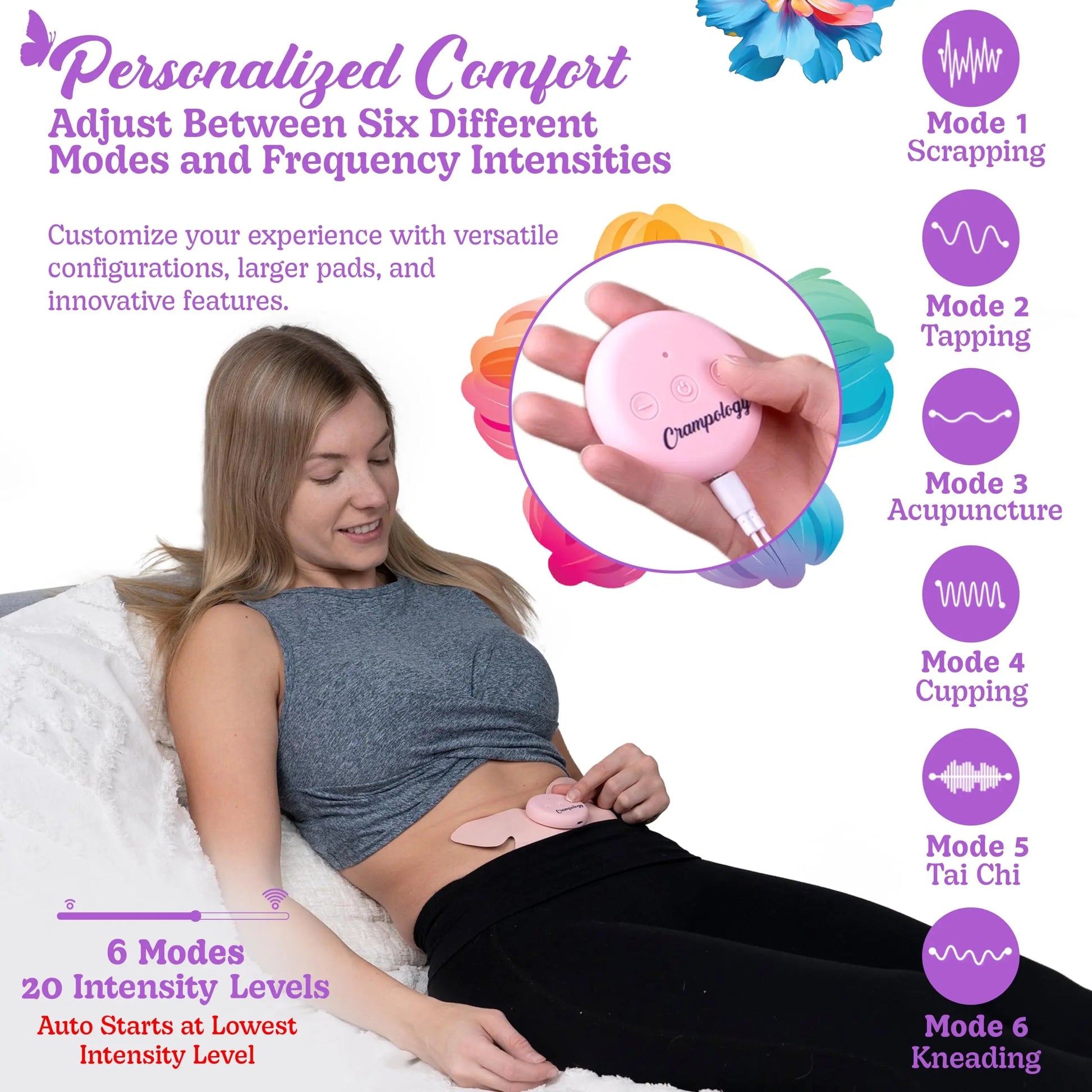 Crampology Relief Pink-Period Cramps Pain Relieving Device, Cramp Massager for Menstrual and Lower Back Ache, Reduces Endometriosis Discomfort, PMS TENS Unit, Wireless or Wired, Natural Cycle Support CrampologyAu supplements