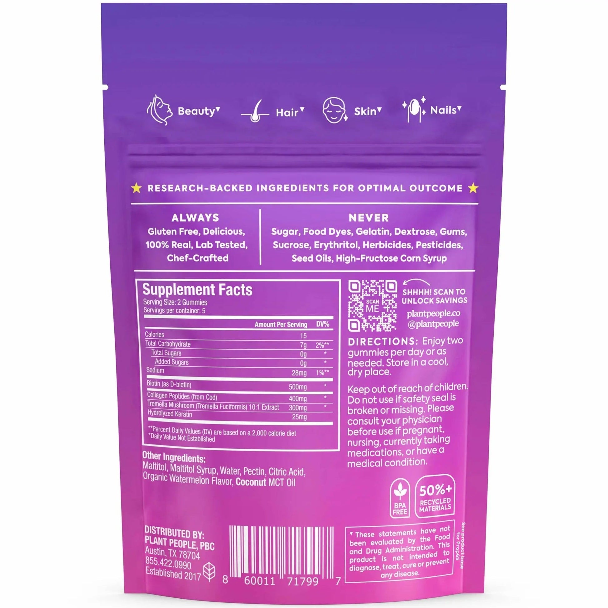 Plant People WonderBeauty Hair, Skin & Nails Rejuvenation Gummies with Tremella Mushroom, Marine Collagen Peptides, Keratin, & Biotin Plant PeopleAu supplements