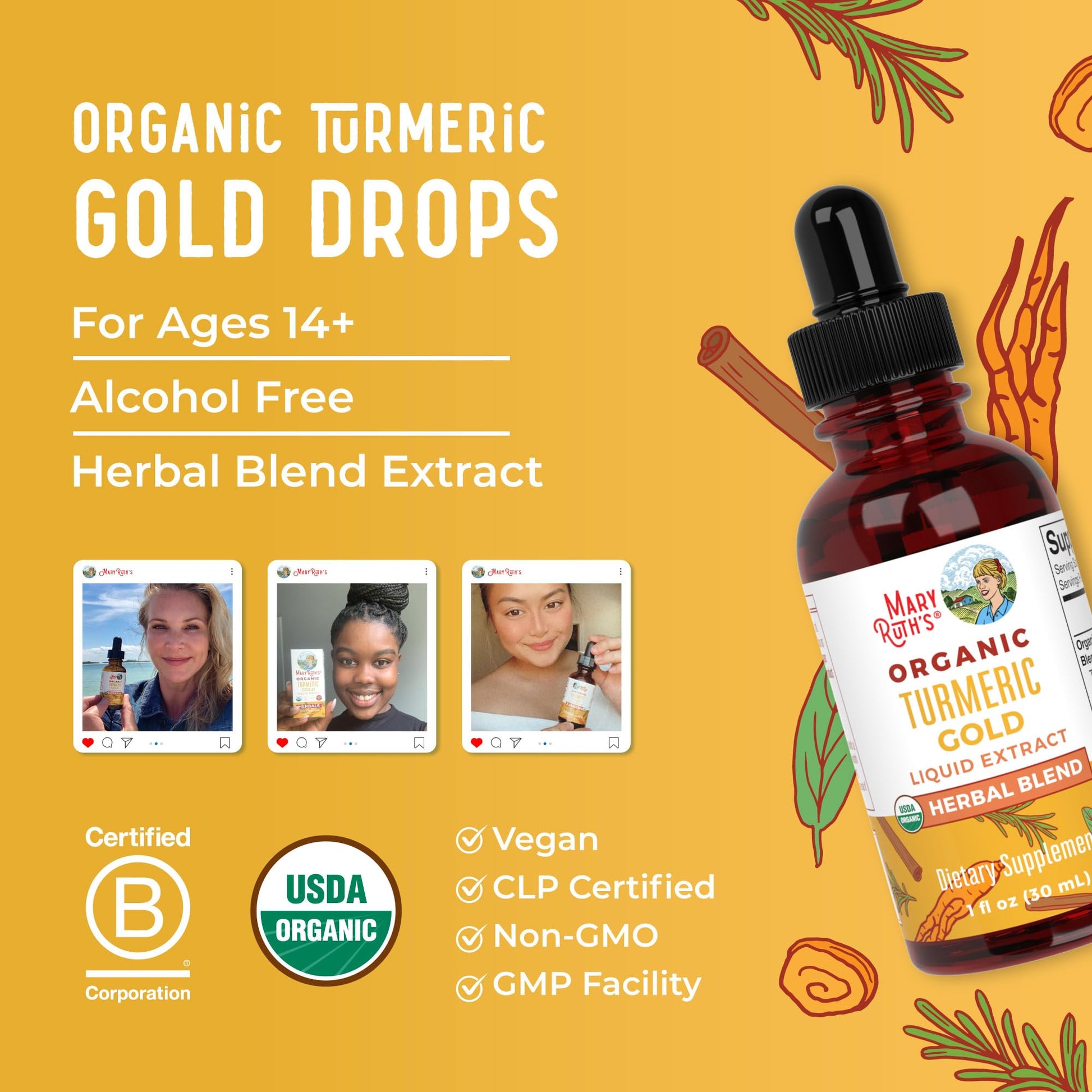 MaryRuth Organics USDA Turmeric Gold Liquid Drops | Herbal Blend | Turmeric Curcumin | Black Pepper | Cassia Cinnamon Bark | Ginger Root | Immune Support | Non-GMO Project Verified | Vegan | 1oz MARYRUTH'SUS supplements