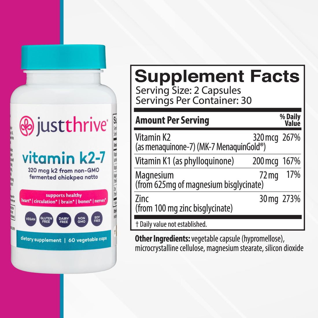 Just Thrive Vitamin K2-7 - Bone, Brain, and Heart Health K2 Vitamin Supplement, 60 Capsules Just ThriveUS supplements