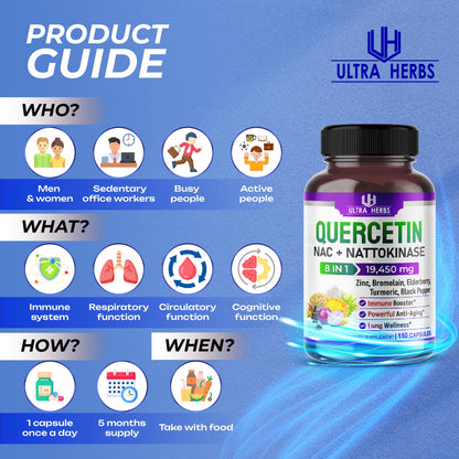 Quercetin 19,450mg 8 IN 1 with NAC, Nattokinase, Zinc, Bromelain, Elderberry, Turmeric ULTRA HERBSUS supplements