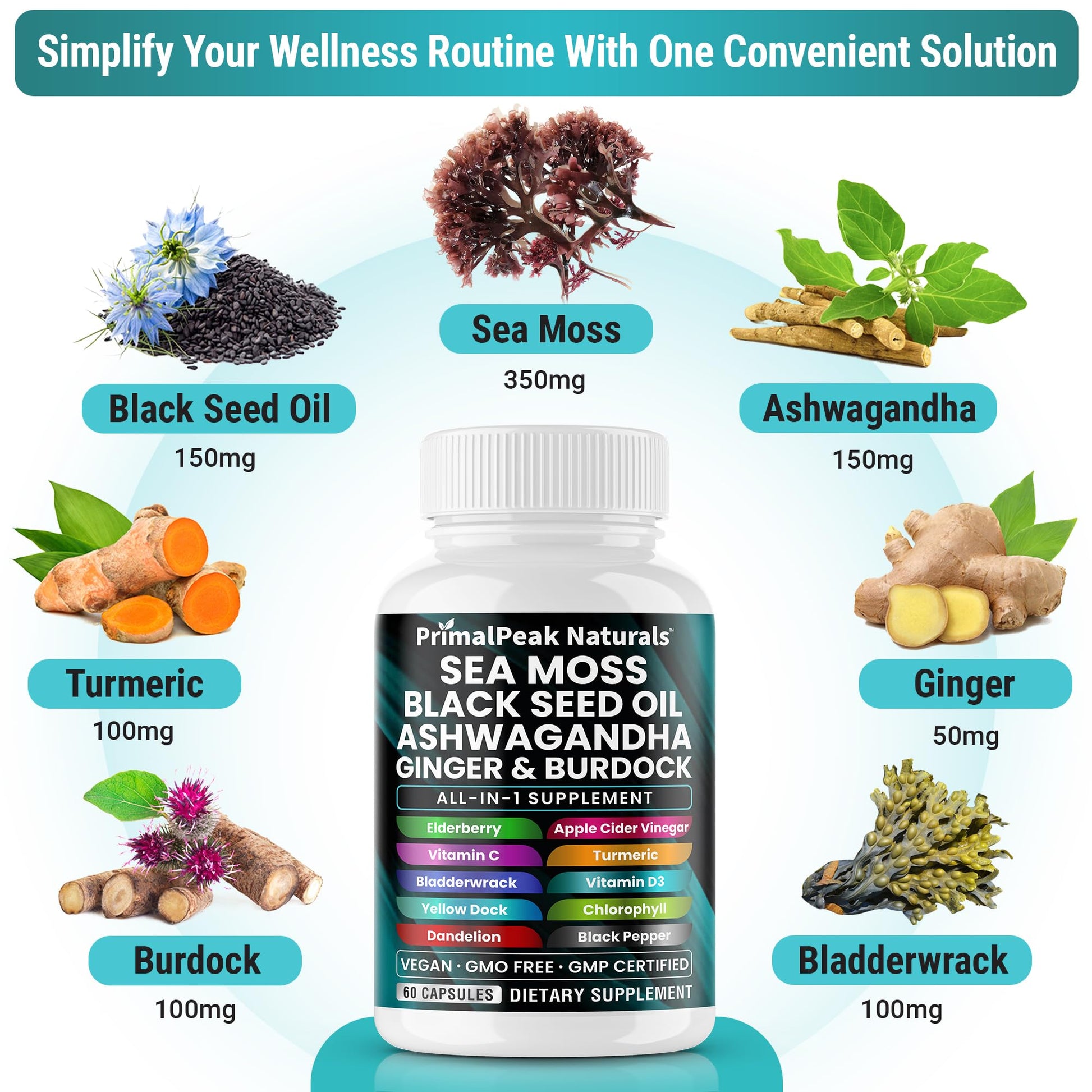 PrimalPeak Naturals Sea Moss Black Seed Oil Ashwagandha Ginger Burdock Bladderwrack Turmeric & Vitamin C Vitamin D3 with ACV Elderberry Chlorophyll Dandelion Yellow Dock Vegan Capsules - 60 Count PrimalPeak NaturalsAu supplements
