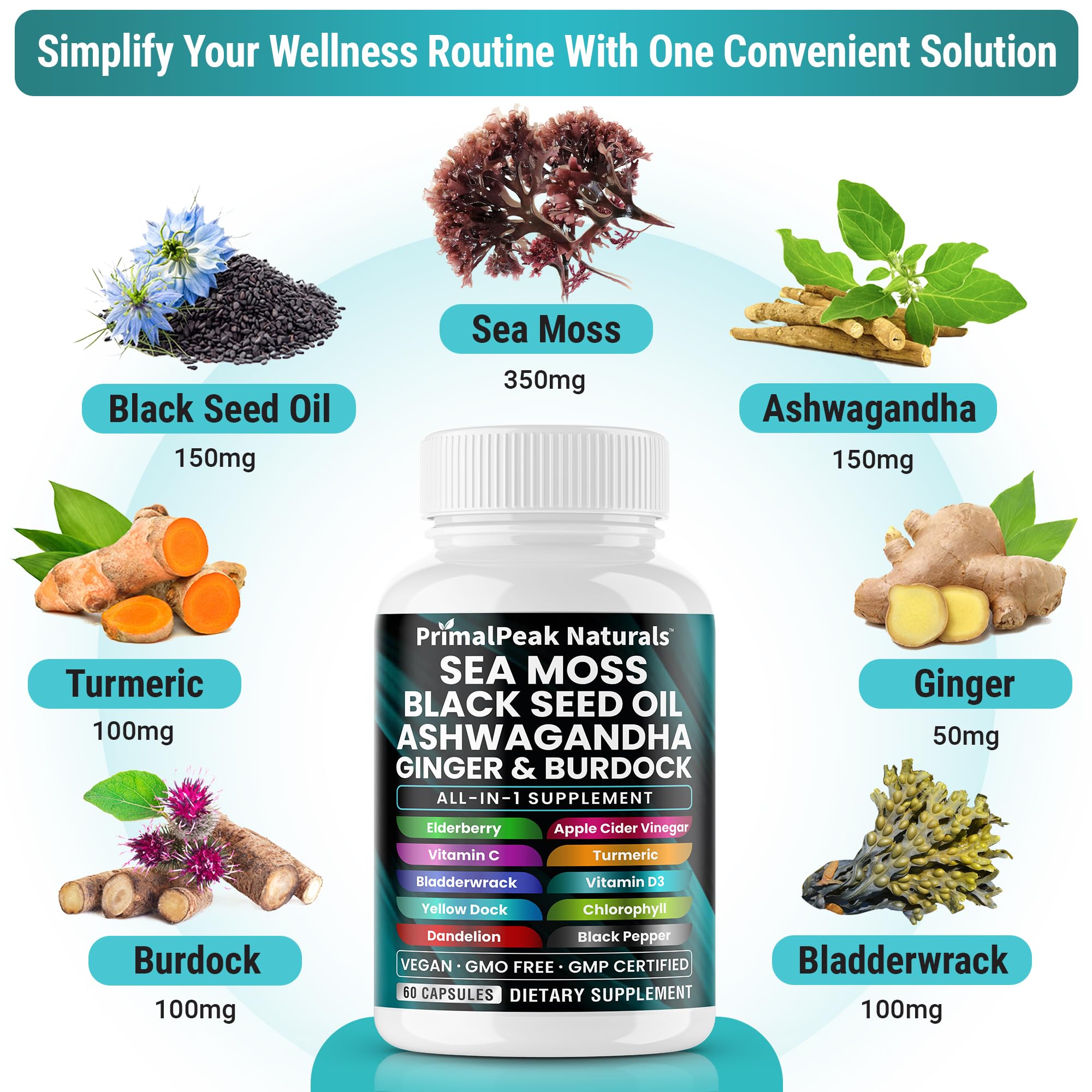 PrimalPeak Naturals Sea Moss Black Seed Oil Ashwagandha Ginger Burdock Bladderwrack Turmeric & Vitamin C Vitamin D3 with ACV Elderberry Chlorophyll Dandelion Yellow Dock Vegan Capsules - 60 Count PrimalPeak NaturalsAu supplements