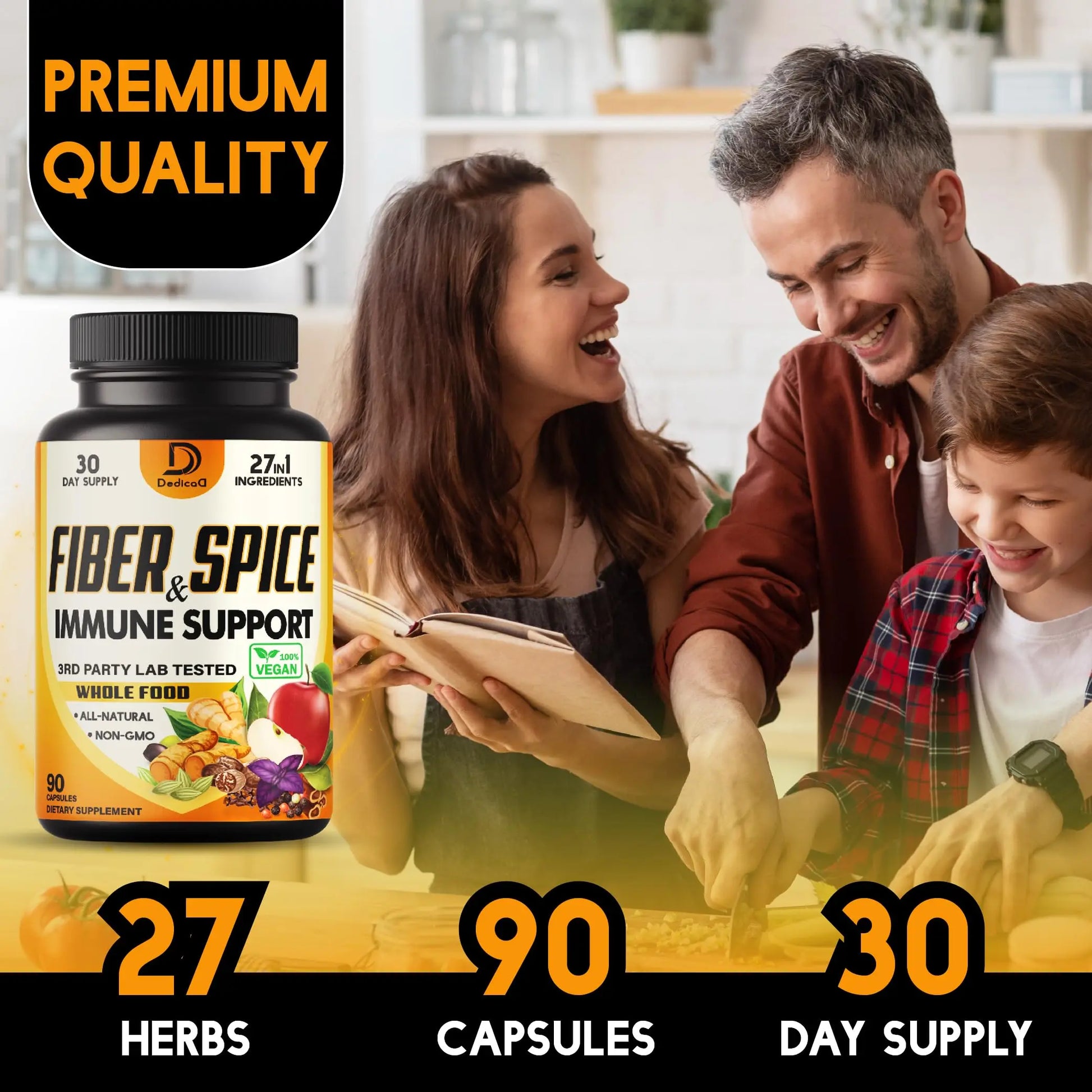 DEDICAD 27in1 Fiber and Spice Supplement - Combined with Organic Psyllium, Whole Apple, Elderberry & More - Support Mood, Body & Immunity - 90 Capsules for 1 Month DEDICADnz supplements