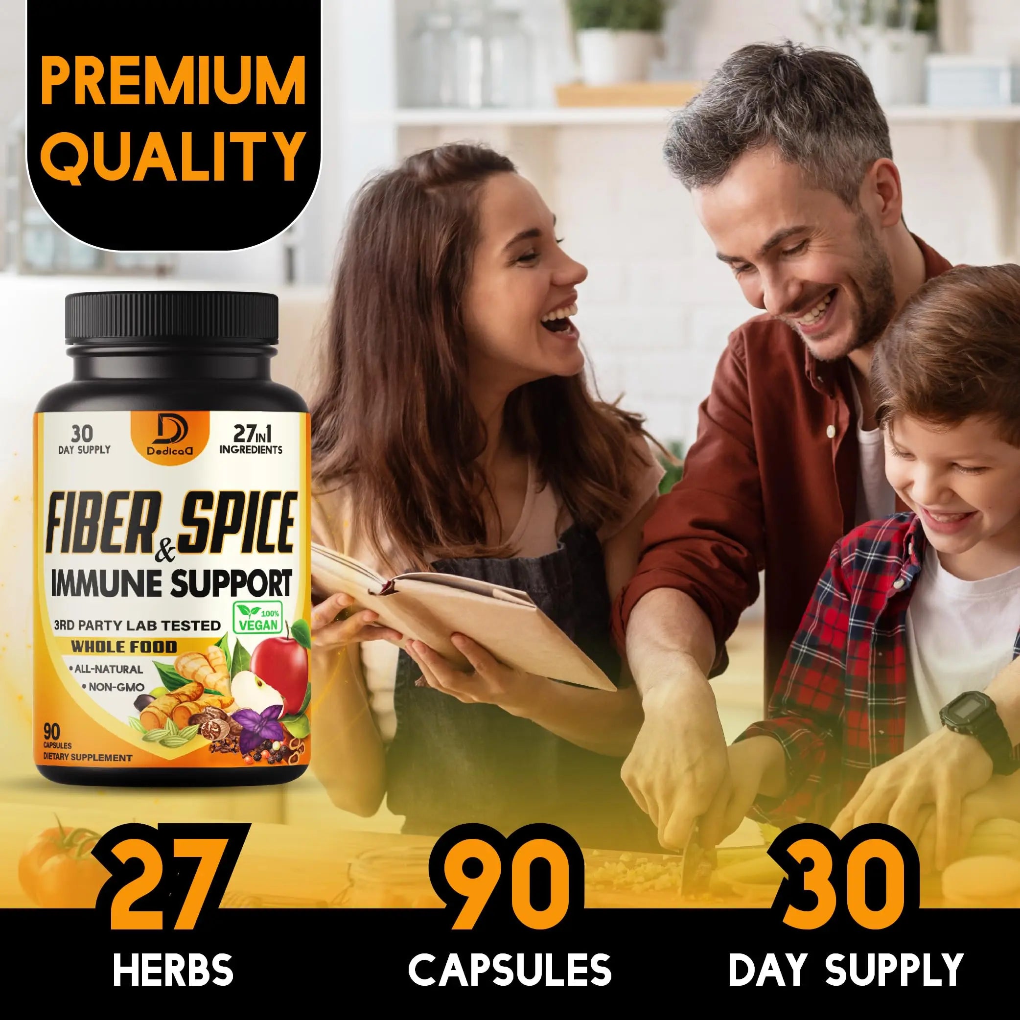 DEDICAD 27in1 Fiber and Spice Supplement - Combined with Organic Psyllium, Whole Apple, Elderberry & More - Support Mood, Body & Immunity - 90 Capsules for 1 Month DEDICADnz supplements