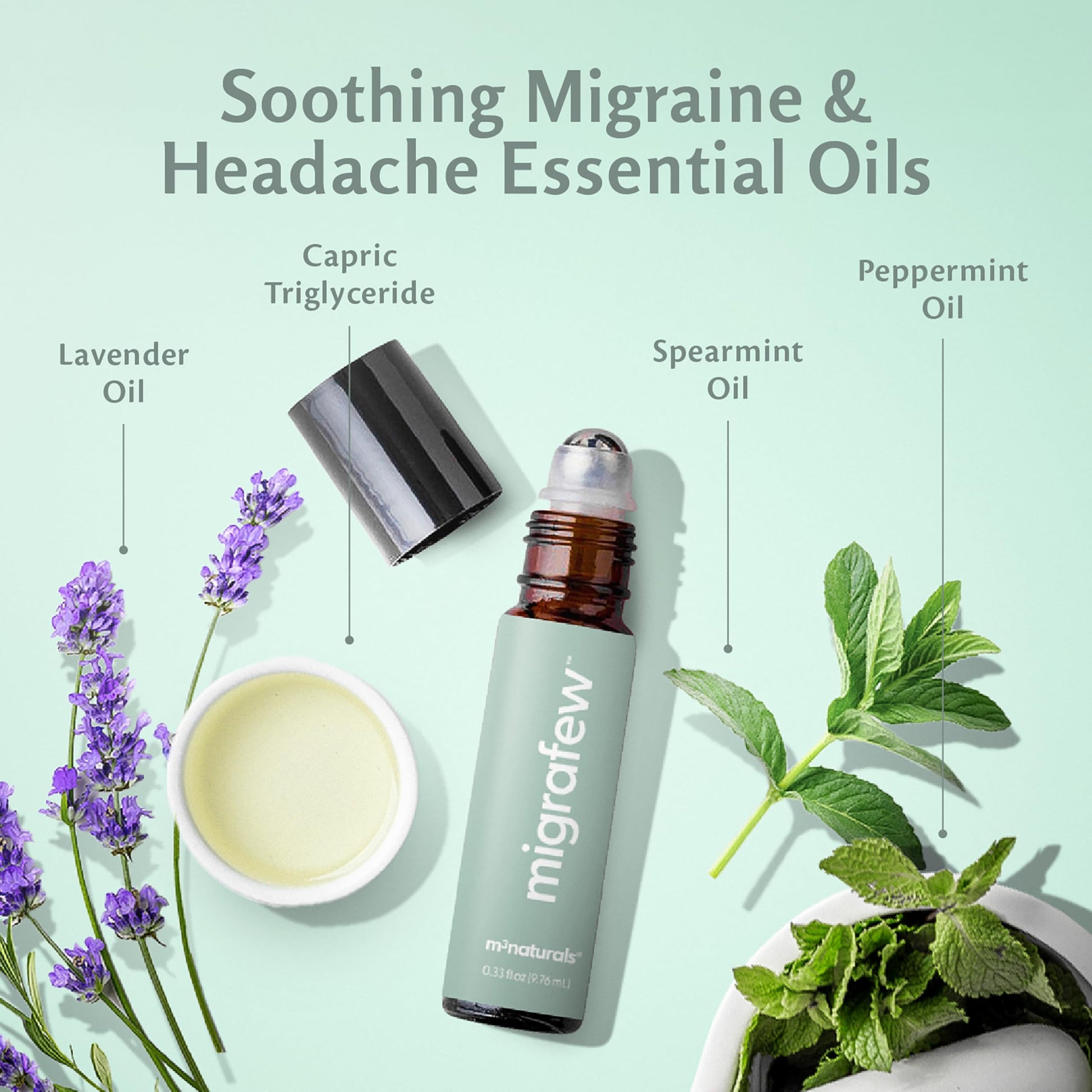 MigraFew Aromatherapy Migraine Roll On | Compact Headache Relief with Cooling Metal Roller for Head Tension and Pressure, Made with Peppermint, Spearmint and Lavender Essential Oils (0.33 FL oz) by M3 M3 NaturalsAu supplements