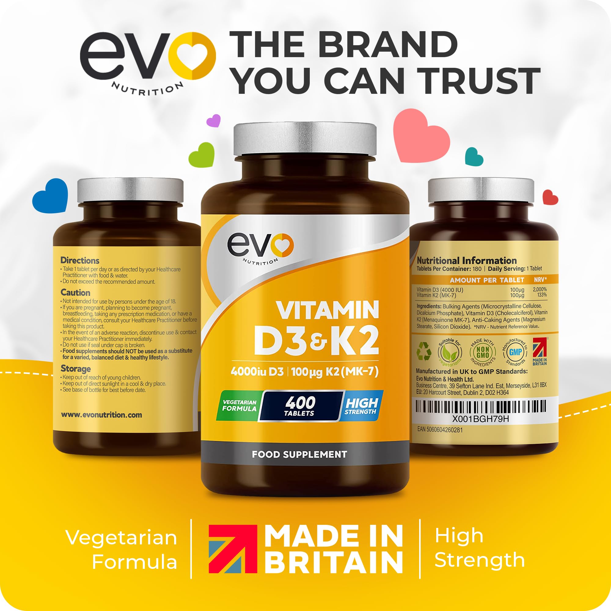 Vitamin D3 4000iu & Vitamin K2 100ug MK7 | 400 Vegetarian Tablets - 1 Year Supply EVO NUTRITIONUS supplements