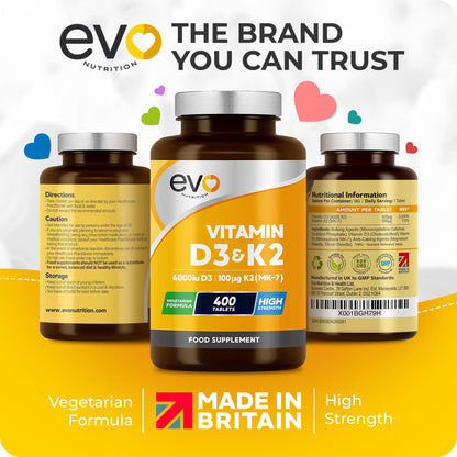 Vitamin D3 4000iu & Vitamin K2 100ug MK7 | 400 Vegetarian Tablets - 1 Year Supply EVO NUTRITIONUS supplements