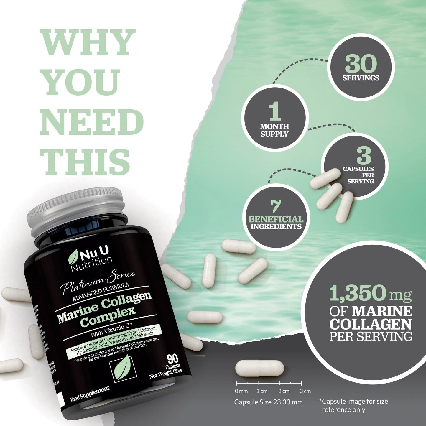Marine Collagen with Hyaluronic Acid, Vitamin C - 90 Hydrolysed Capsules (not Tablets Nu U NutritionUS supplements