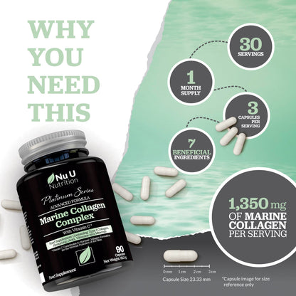 Marine Collagen with Hyaluronic Acid, Vitamin C - 90 Hydrolysed Capsules (not Tablets) - Premium High Strength Collagen Nu U NutritionUS supplements