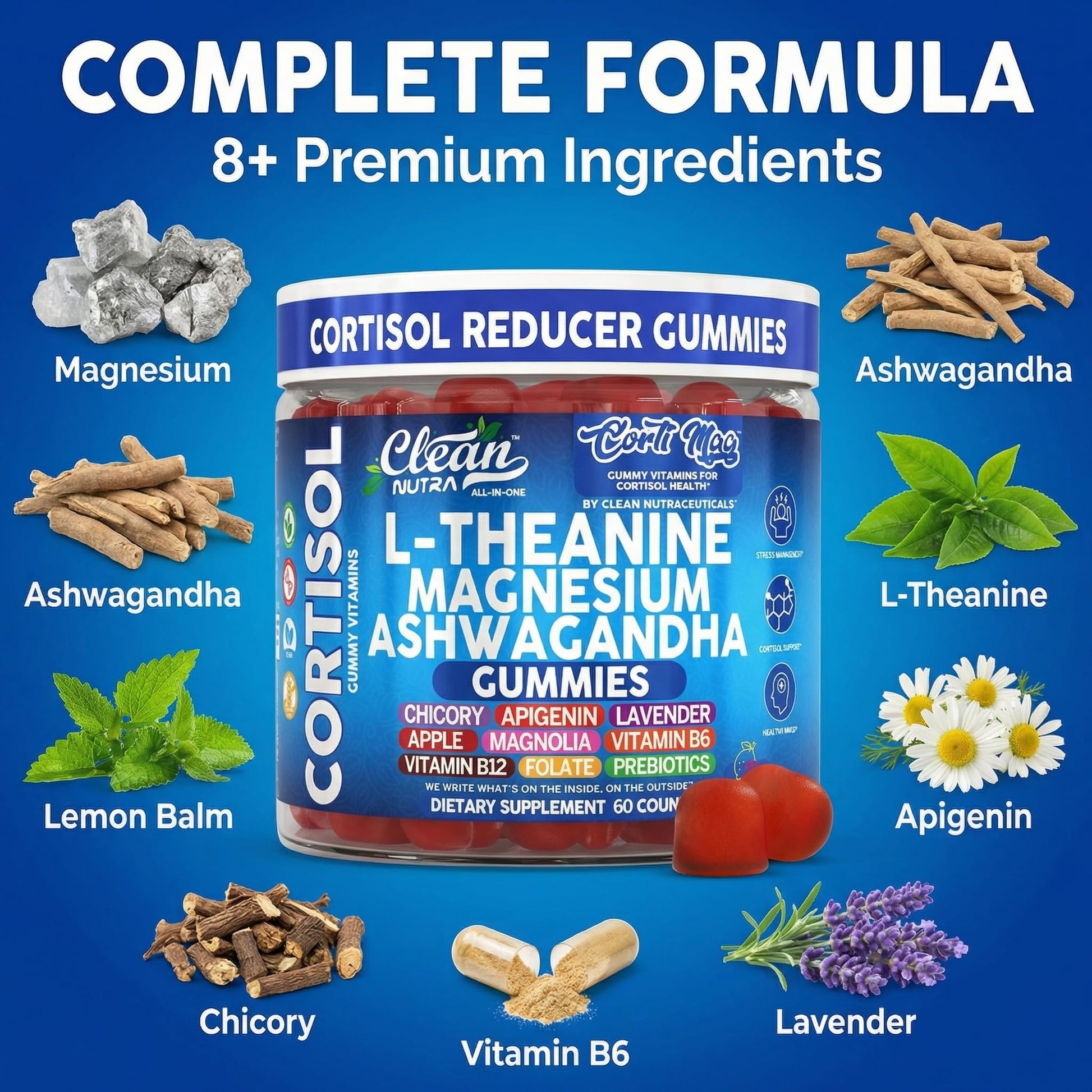 Clean Nutra Cortisol Supplement Gummies L-Theanine Magnesium Ashwagandha Apigenin Vitamin B6 Sleep and Calm Support Lavender Chicory Prebiotic Advanced Gummy Formula Clean NutraceuticalsAu supplements