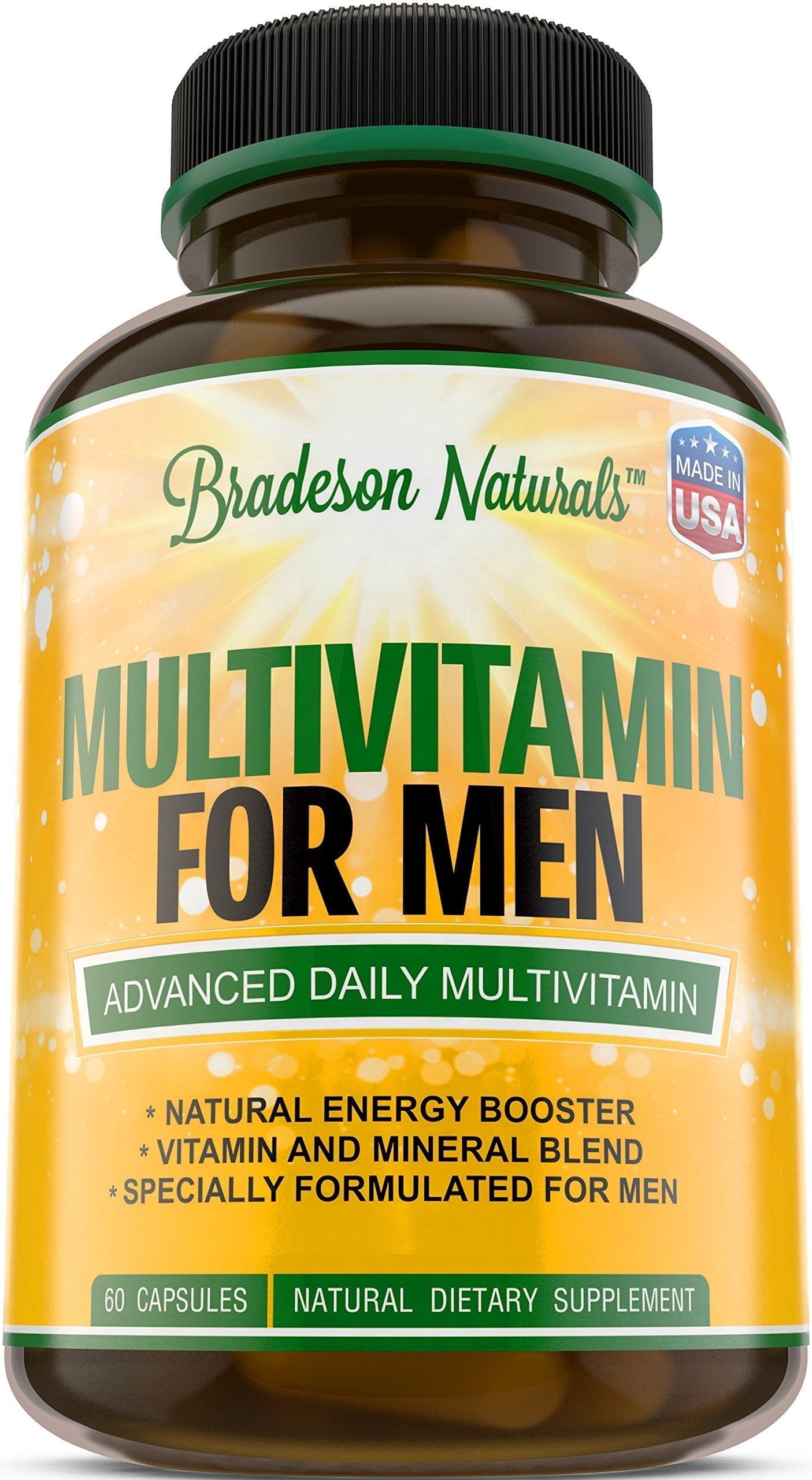 Bradeson Naturals Men's Multivitamin Supplement for Energy, Focus and Performance. Mens Vitamins A, C, D, E & B12, Zinc, Calcium, Magnesium & More. Multi Vitamin 60 Capsules Made in The USA Bradeson NaturalsAu supplements