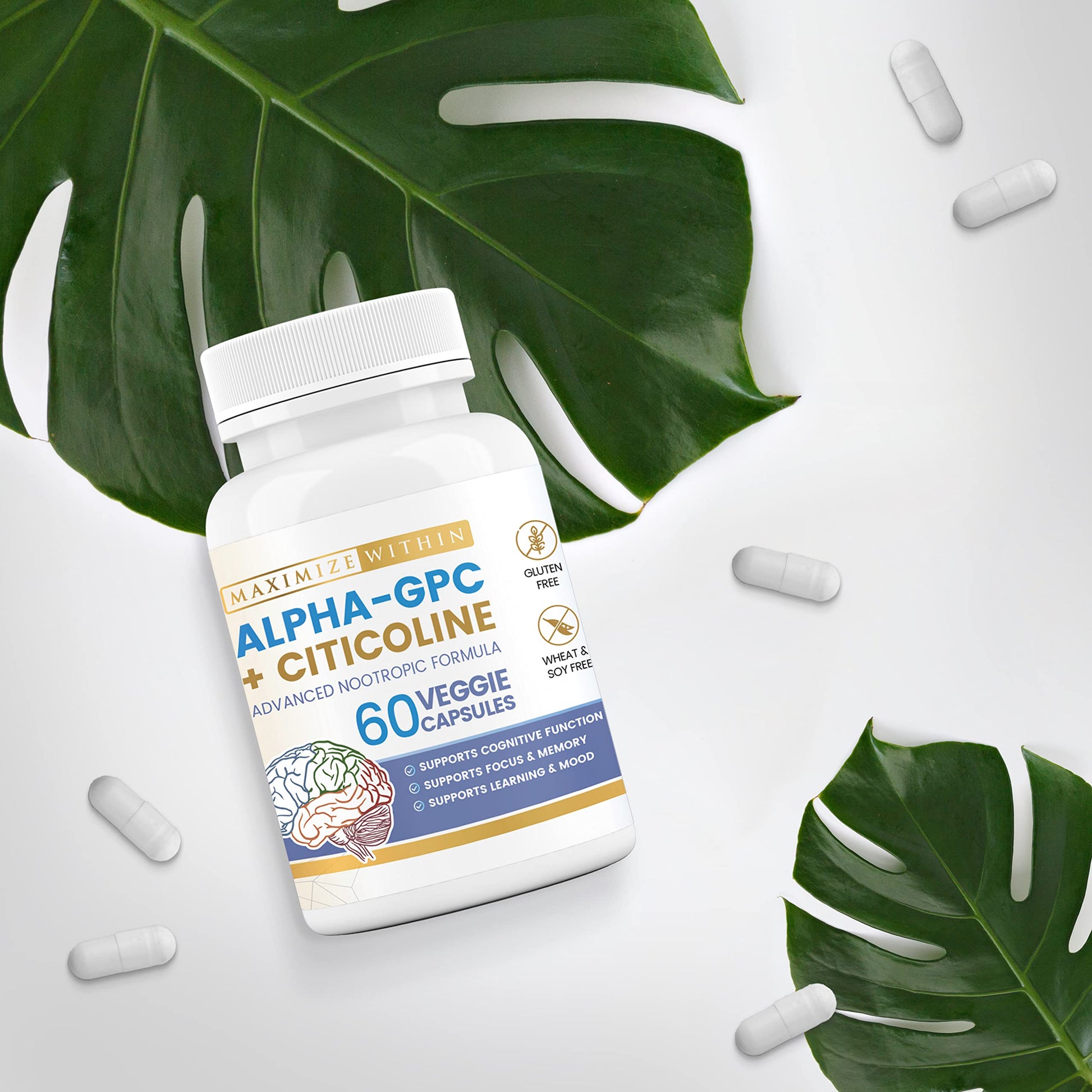 Maximize Within Alpha GPC + Citicoline 60 Ct, 1600mg Concentrated Formula- 99%+Highly Purified & Bioavailable Nootropic-Cognitive Enhancer, Supports Memory, Brain Function, Boosts Focus, Mood & Energy Maximize WithinAu supplements