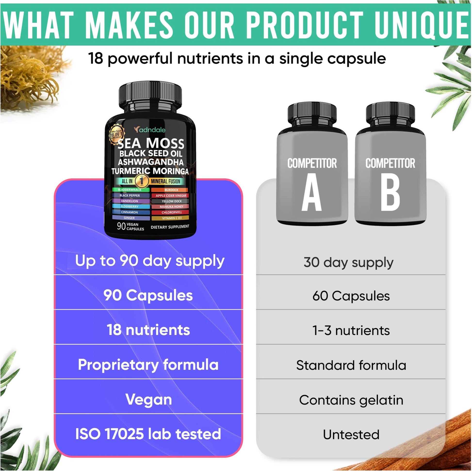 Adndale Sea Moss Capsules - Sea Moss Blend with Ashwagandha, Turmeric & Black Seed Oil - 180 Count AdndaleAu supplements
