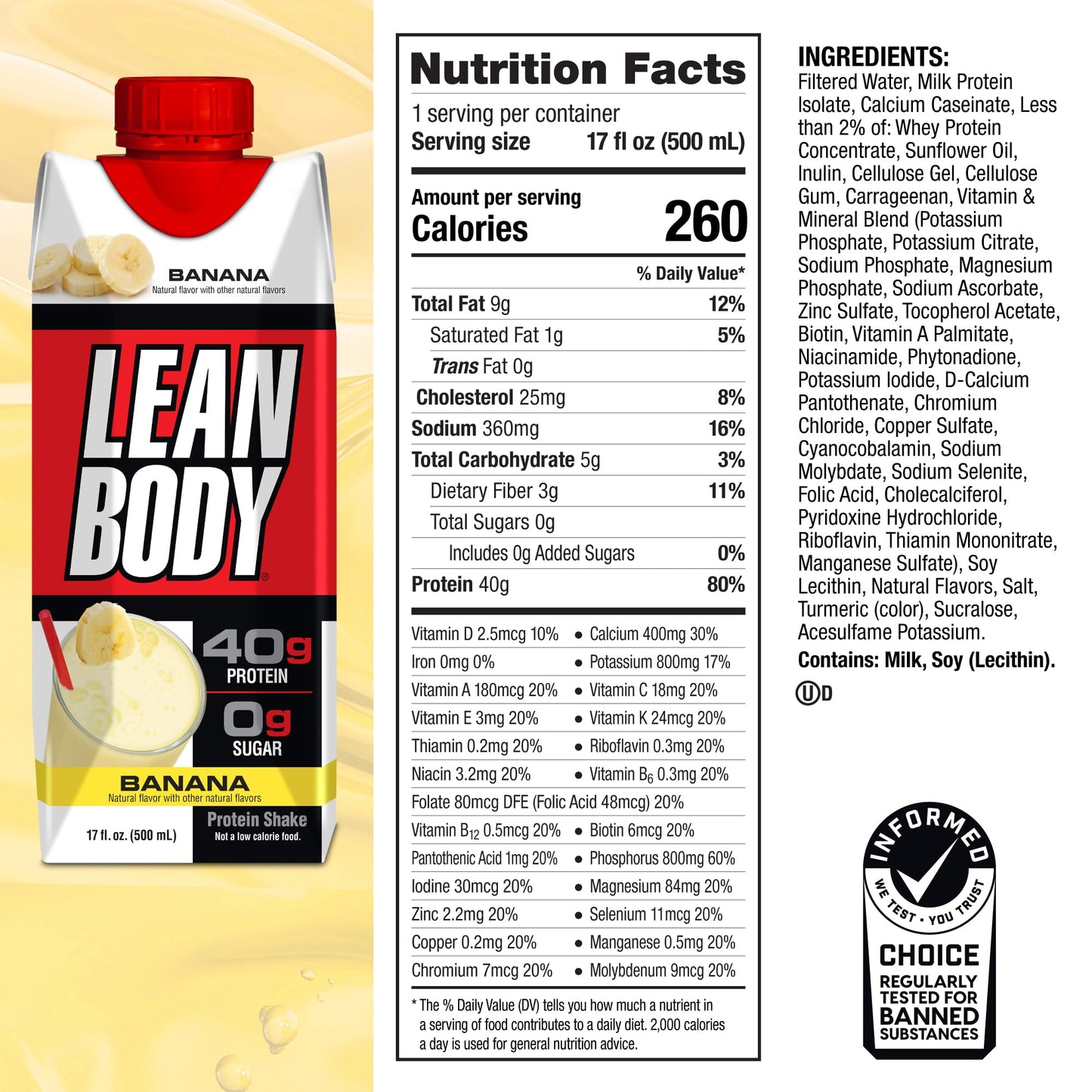 Lean Body Ready-to-Drink Banana Protein Shake, 40g Protein, Whey Blend, 0 Sugar LabradaUS supplements