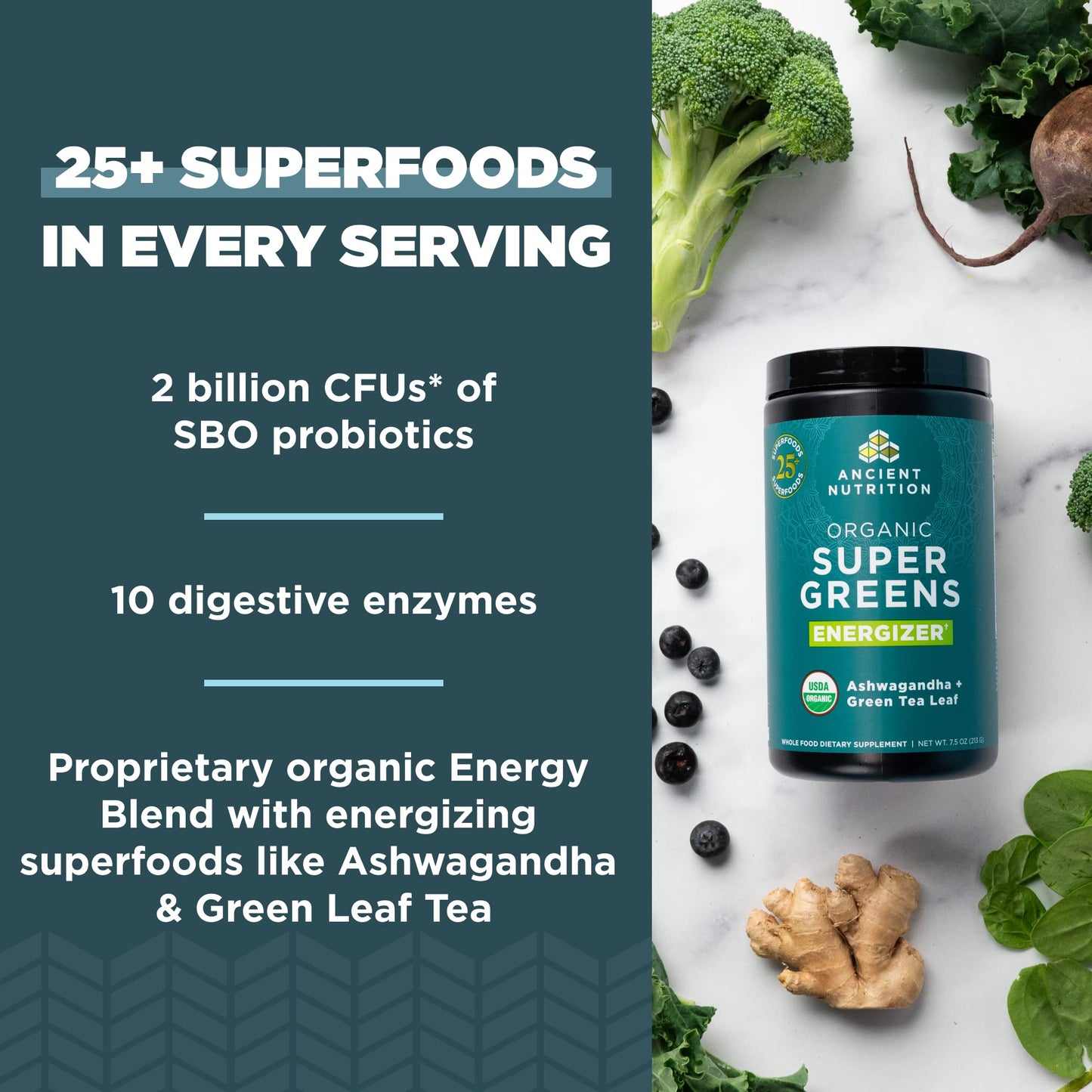 Ancient Nutrition Supergreens Energizer Powder, Organic Superfood Powder with Caffeine Ancient NutritionUS supplements