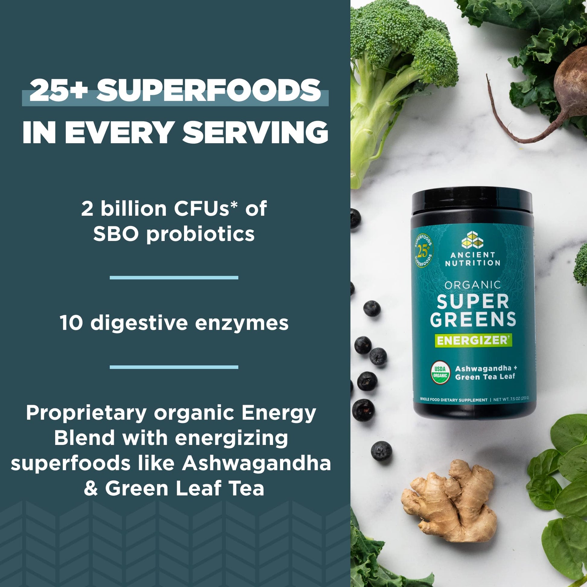 Ancient Nutrition Supergreens Energizer Powder, Organic Superfood Powder with Caffeine Ancient NutritionUS supplements