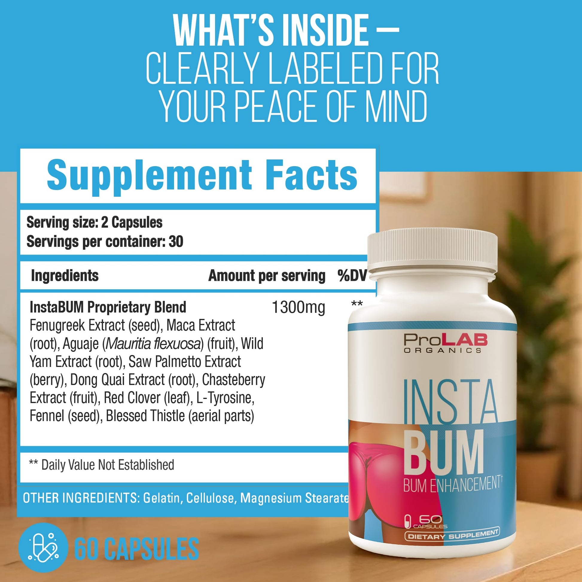 ProLab Organics InstaBum Bum Enhancement Pills – Lift, Shape, and Fill Glutes – Fast Growth for Bigger Butt and Hips – No Gummies. Visible Results in 1-2 Weeks ProLab OrganicsAu supplements