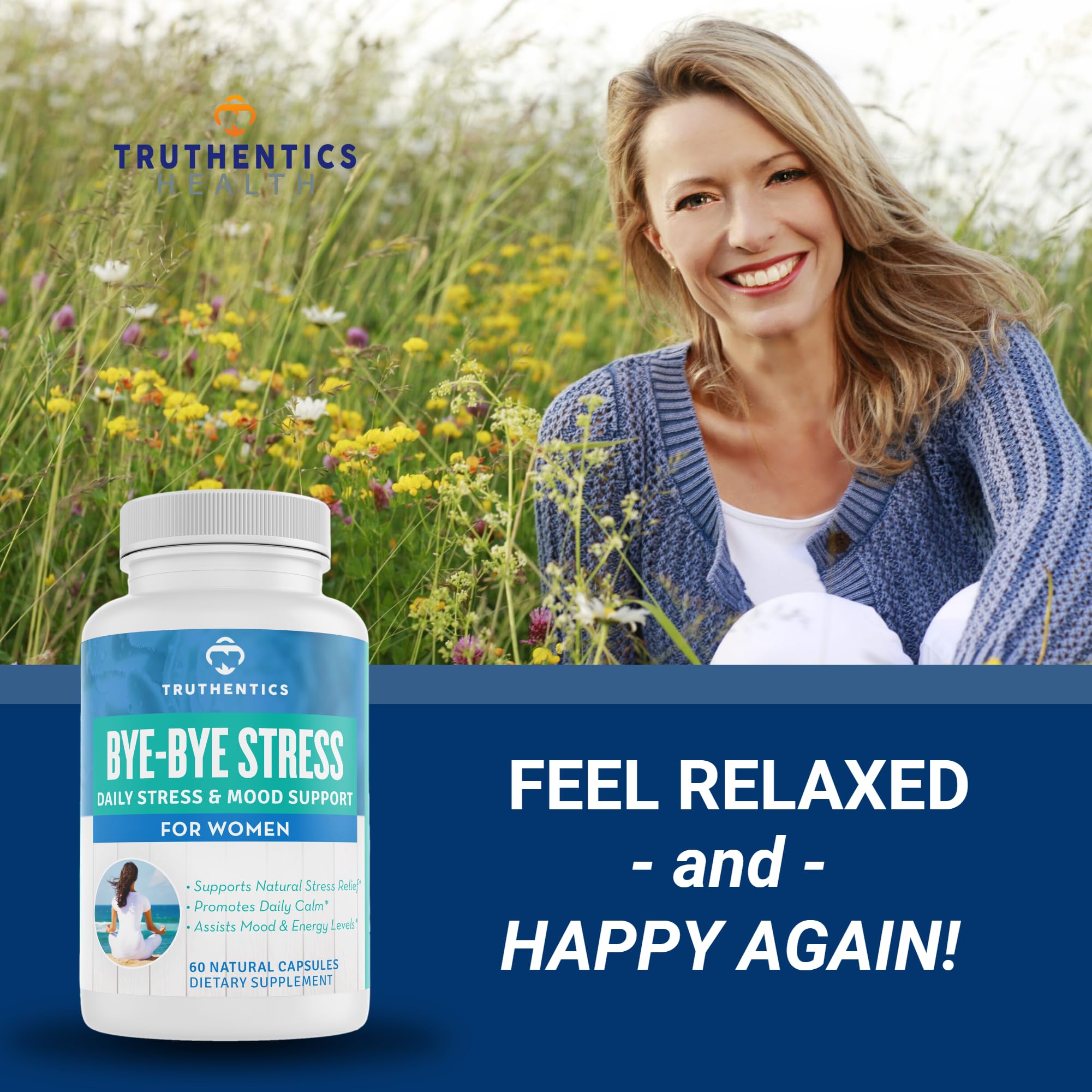 TRUTHENTICS Bye-Bye Stress - Stress & Mood Support Supplement for Women with Ashwagandha, GABA, Lemon Balm, L-Theanin & Vitamin B Complex - Vegan - 60 Capsules TRUTHENTICSAu supplements