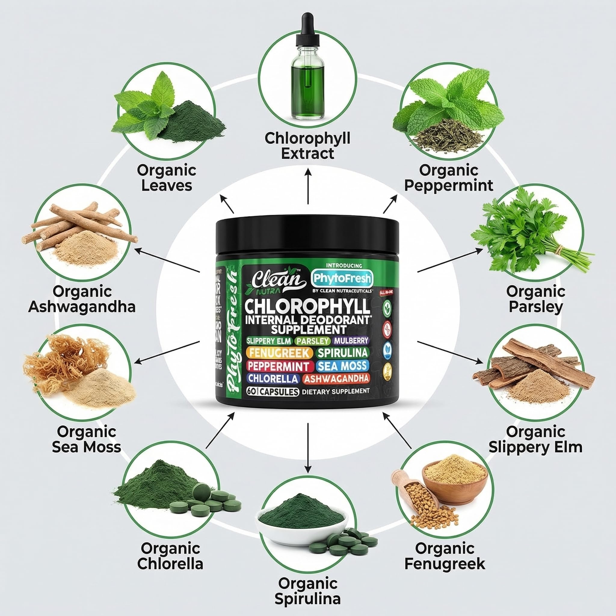 Clean Nutra Chlorophyll Capsules Supplement Internal Deodorant Peppermint, Sea Moss, Parsley, Chlorella, Spirulina, Slippery Elm, Ashwagandha, PhytoFresh Greens Detox Pills Clean NutraceuticalsAu supplements