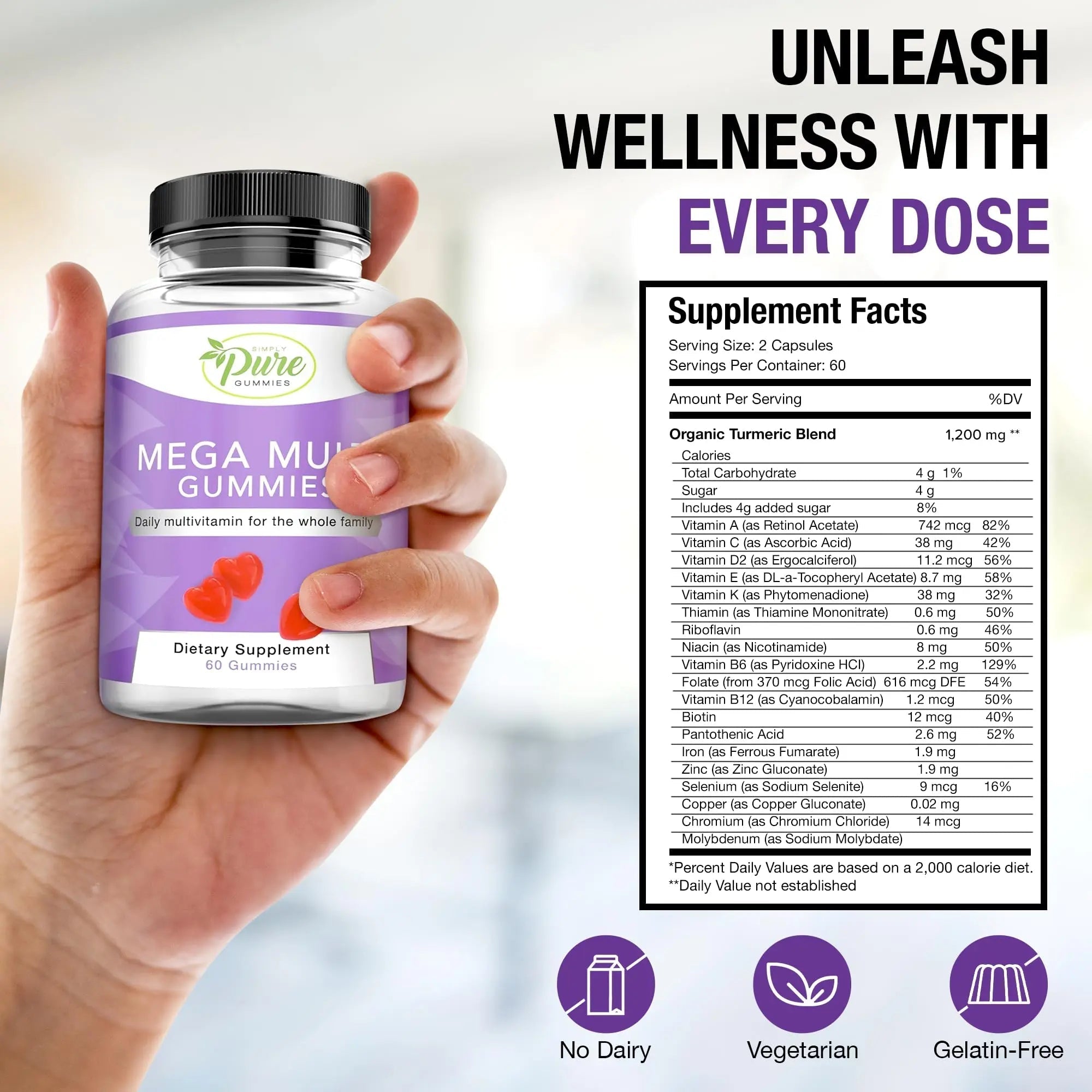 Pure By Nature Mega Multi Gummies, Multivitamin Gummies for Women & Men, Kids Multivitamin Gummies with A, D2, C, E, K, Biotin Pure By NatureAu supplements