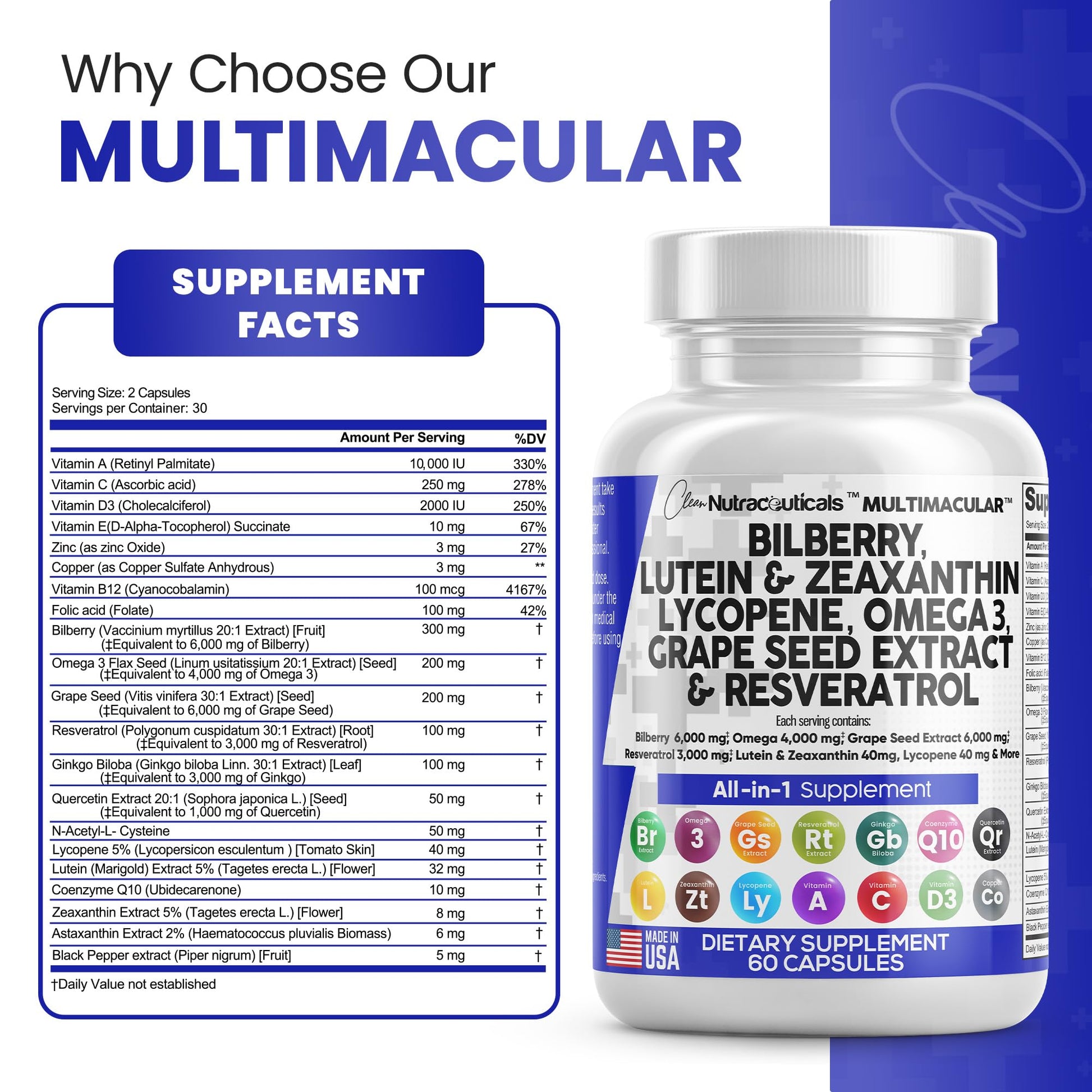 Eye Health Vitamins with Bilberry 6000mg Lutein & Zeaxanthin 40mg Lyco Clean NutraceuticalsUS supplements