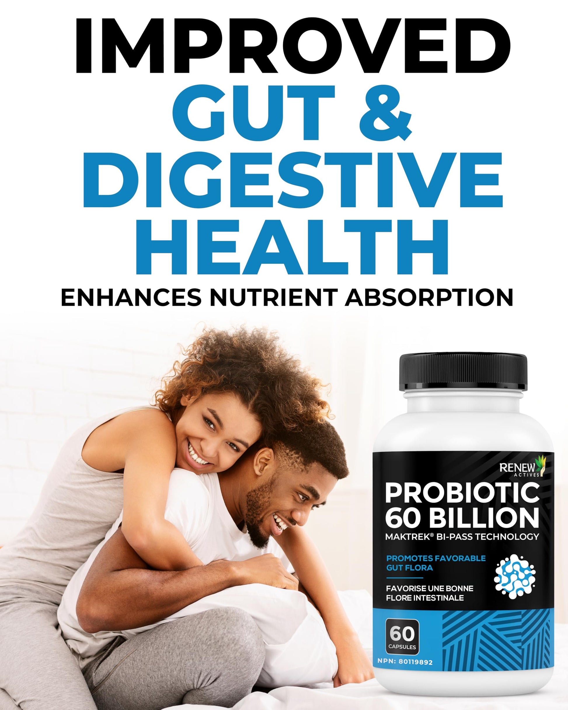 Renew Actives Probiotic Supplement for Digestive Health 60 Billion CFU per 2 Capsules - Advanced Formula with Prebiotic Benefits - Supports Gut Flora Balance & Wellness - Made in Canada - 60 Capsules Renew ActivesAu supplements