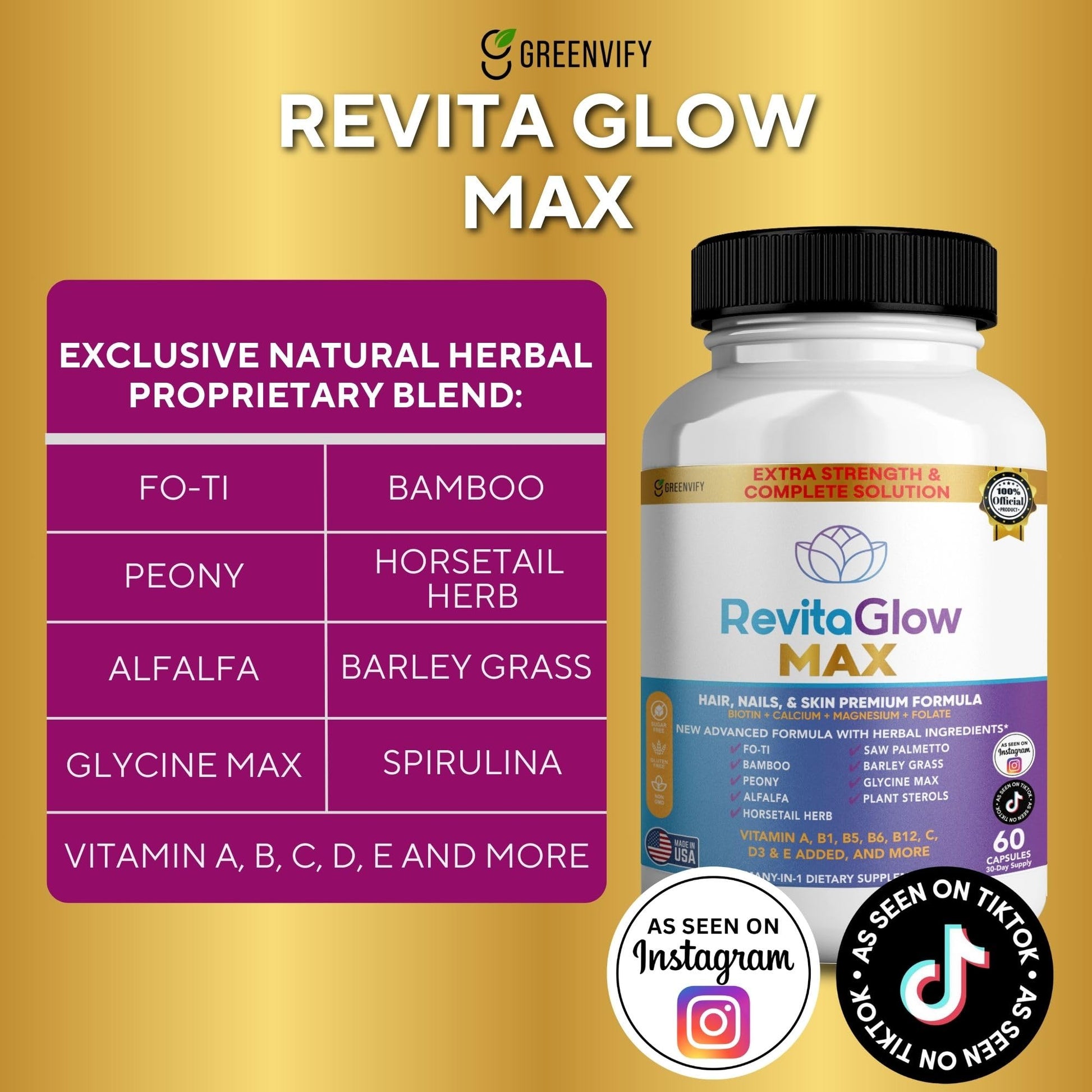 GREENVIFY RevitaGlow Max Hair, Nails & Skin Premium Formula, 60 Capsules, 30-Day Supply, with Biotin, Vitamins A, B1, B5, B6, B12, C, D3, E (1) GREENVIFYAu supplements