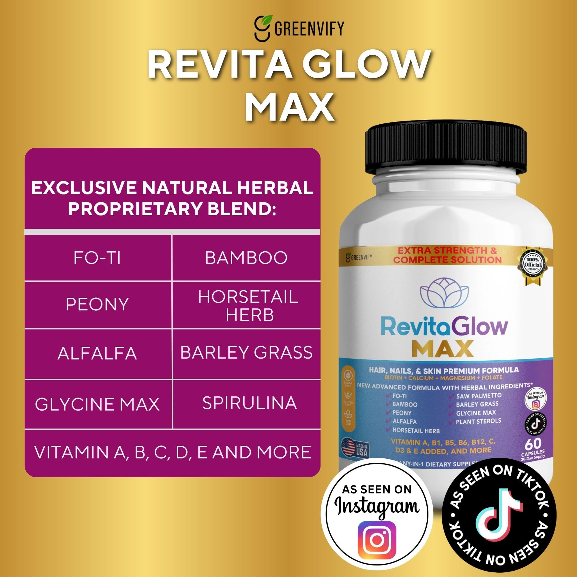 GREENVIFY RevitaGlow Max Hair, Nails & Skin Premium Formula, 60 Capsules, 30-Day Supply, with Biotin, Vitamins A, B1, B5, B6, B12, C, D3, E (1) GREENVIFYAu supplements