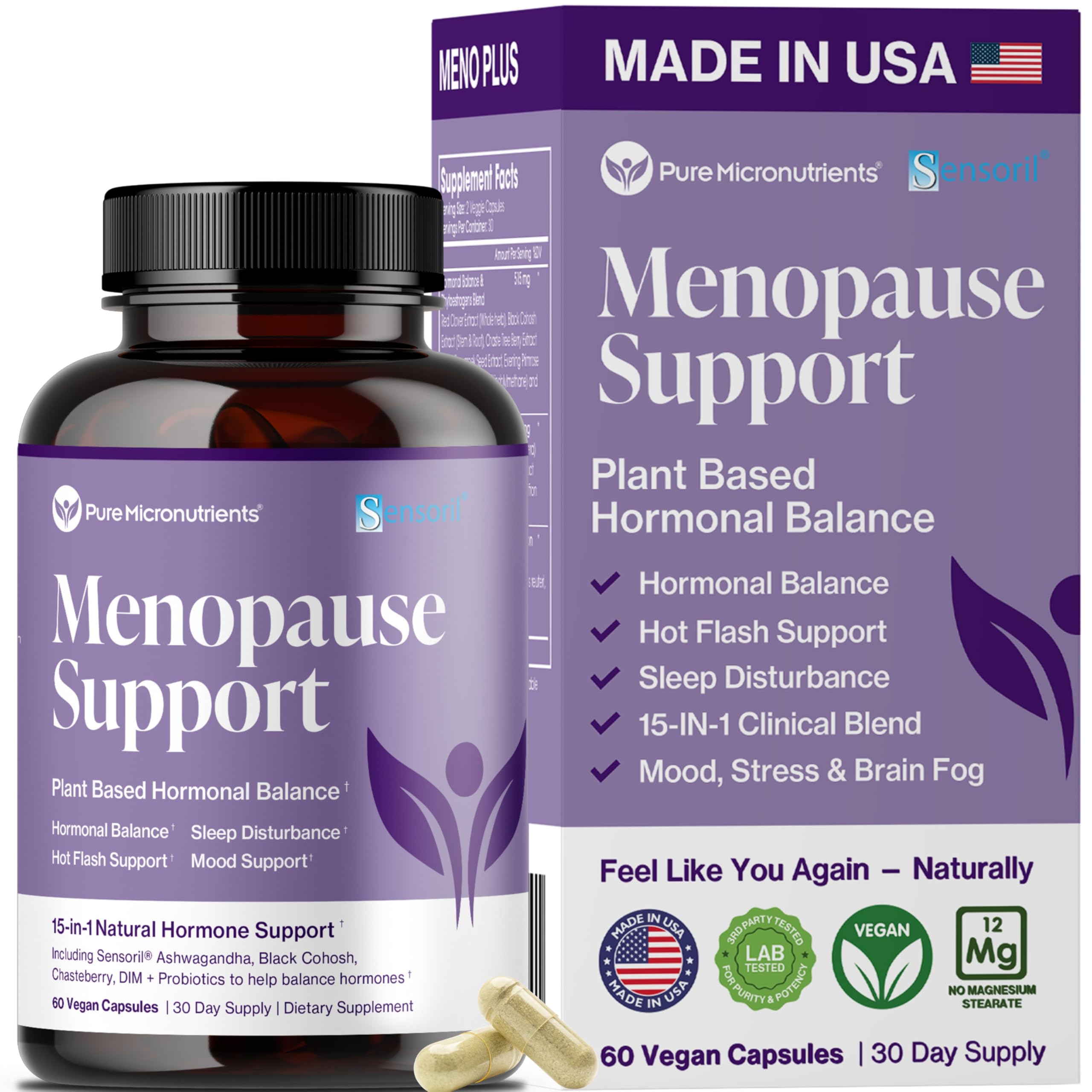 Menopause Supplements for Women - Natural Hormone Balance - Hot Flashes, Night Sweats, Sleep & Mood Support. with Sensoril® Ashwagandha, DIM, Chaste Berry & Black Cohosh Root - 60 Count Pure MicronutrientsAu supplements