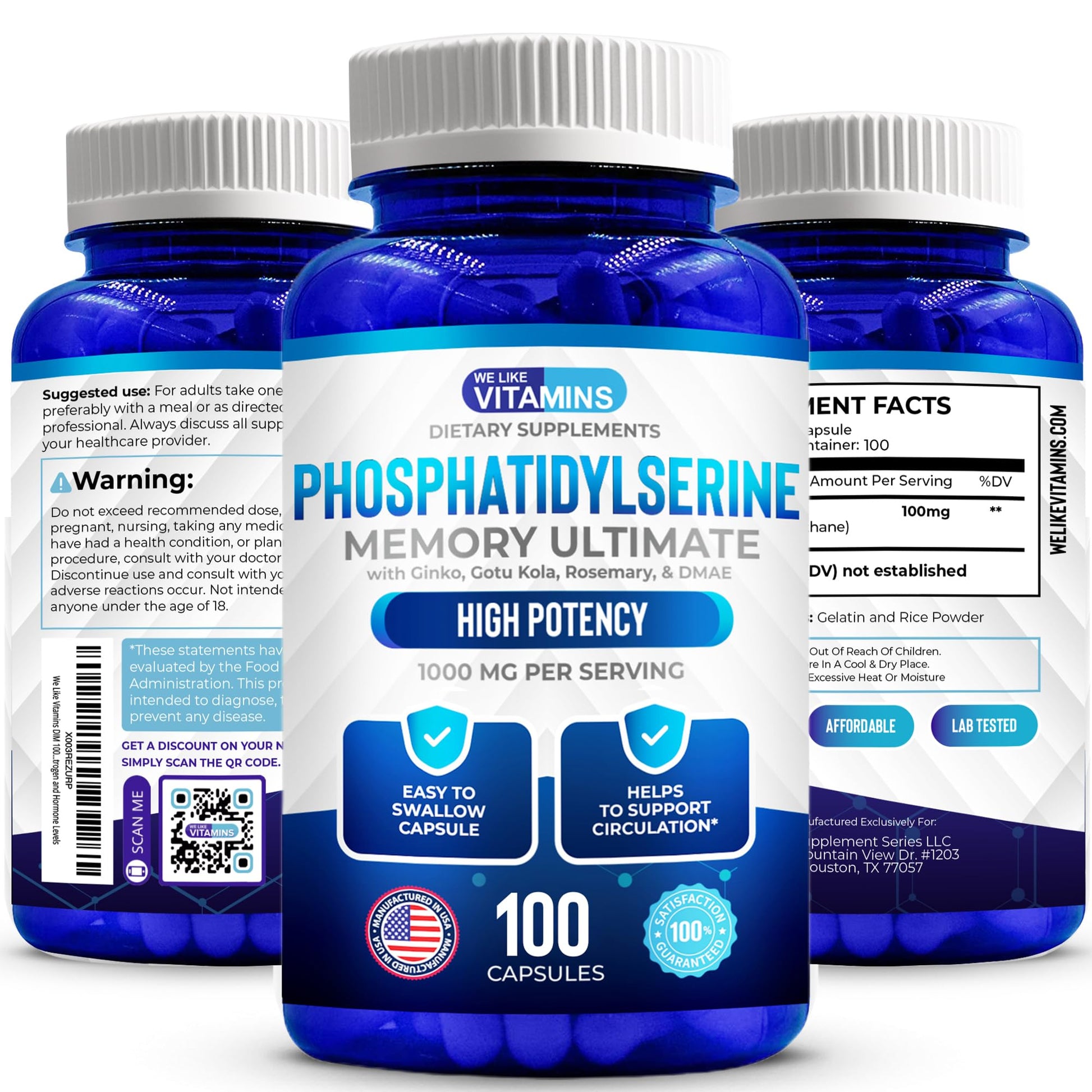 We Like Vitamins Phosphatidylserine Supplement with Gingko Biloba, Gotu Kola, DMAE - Improves Focus, Memory, Cognitive Function - Soy-Free 1000mg Memory Ultimate Complex - 100 Easy-to-Swallow Capsules We Like VitaminsAu supplements